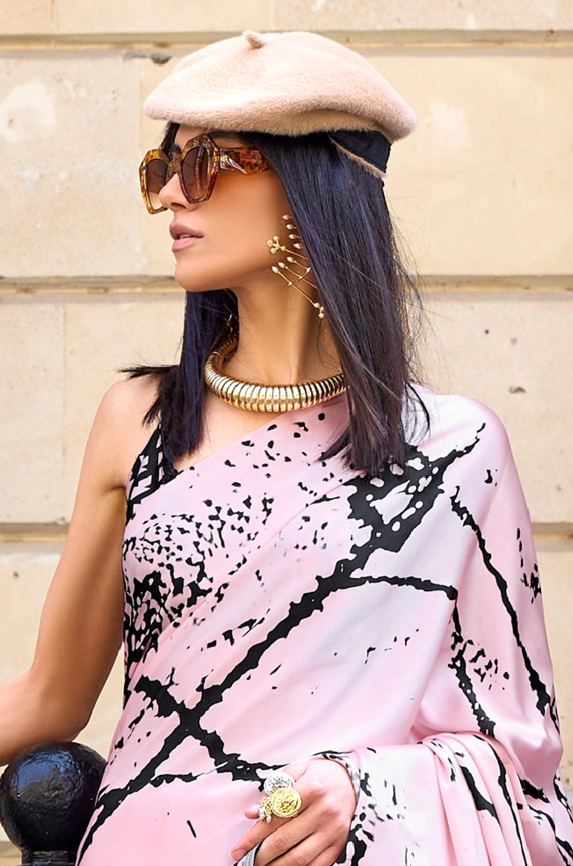 Baby Pink And Black Digital Print Satin Crepe Saree - Image 4