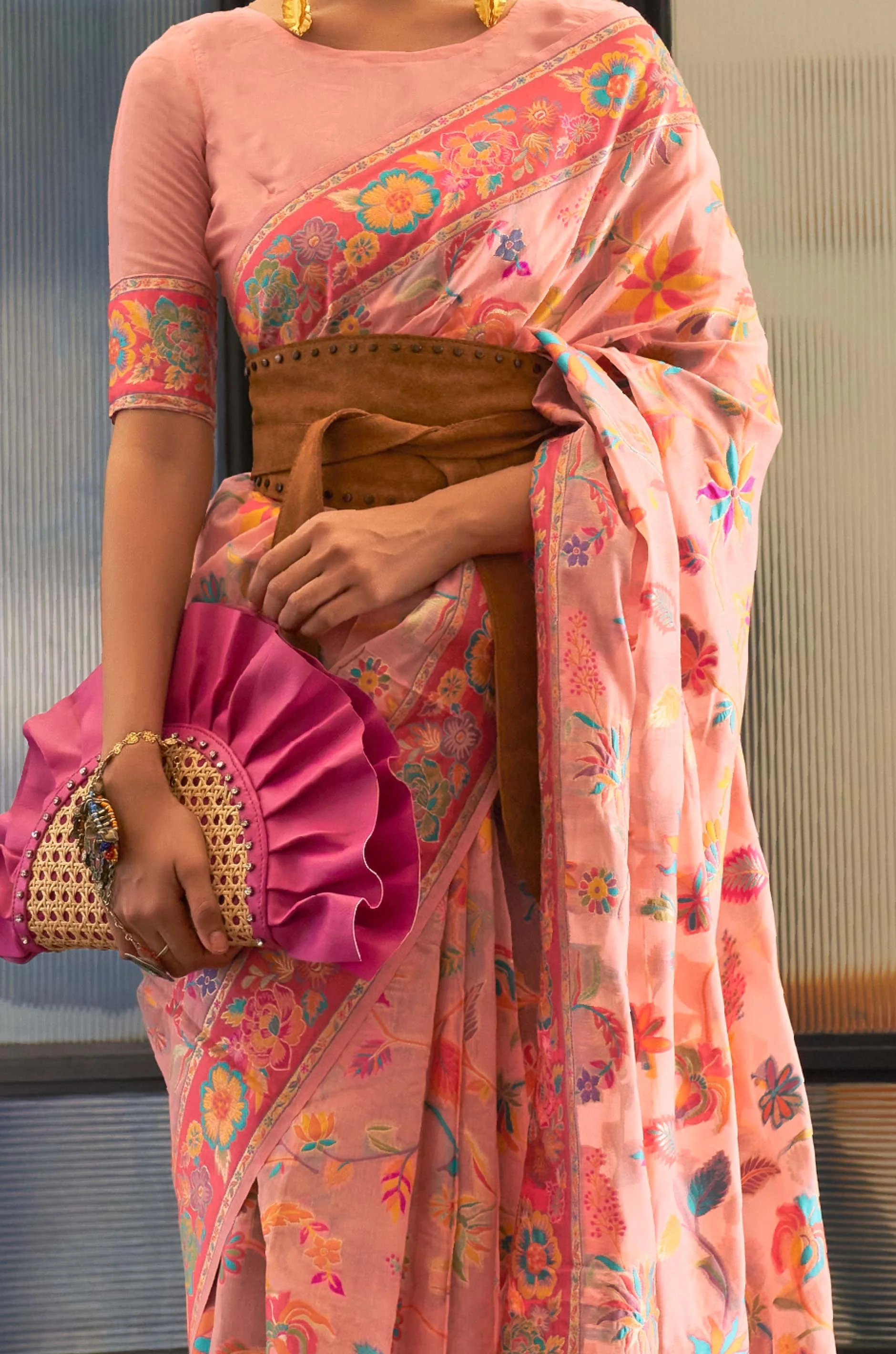 Baby Pink Floral Woven Silk Saree - Image 3