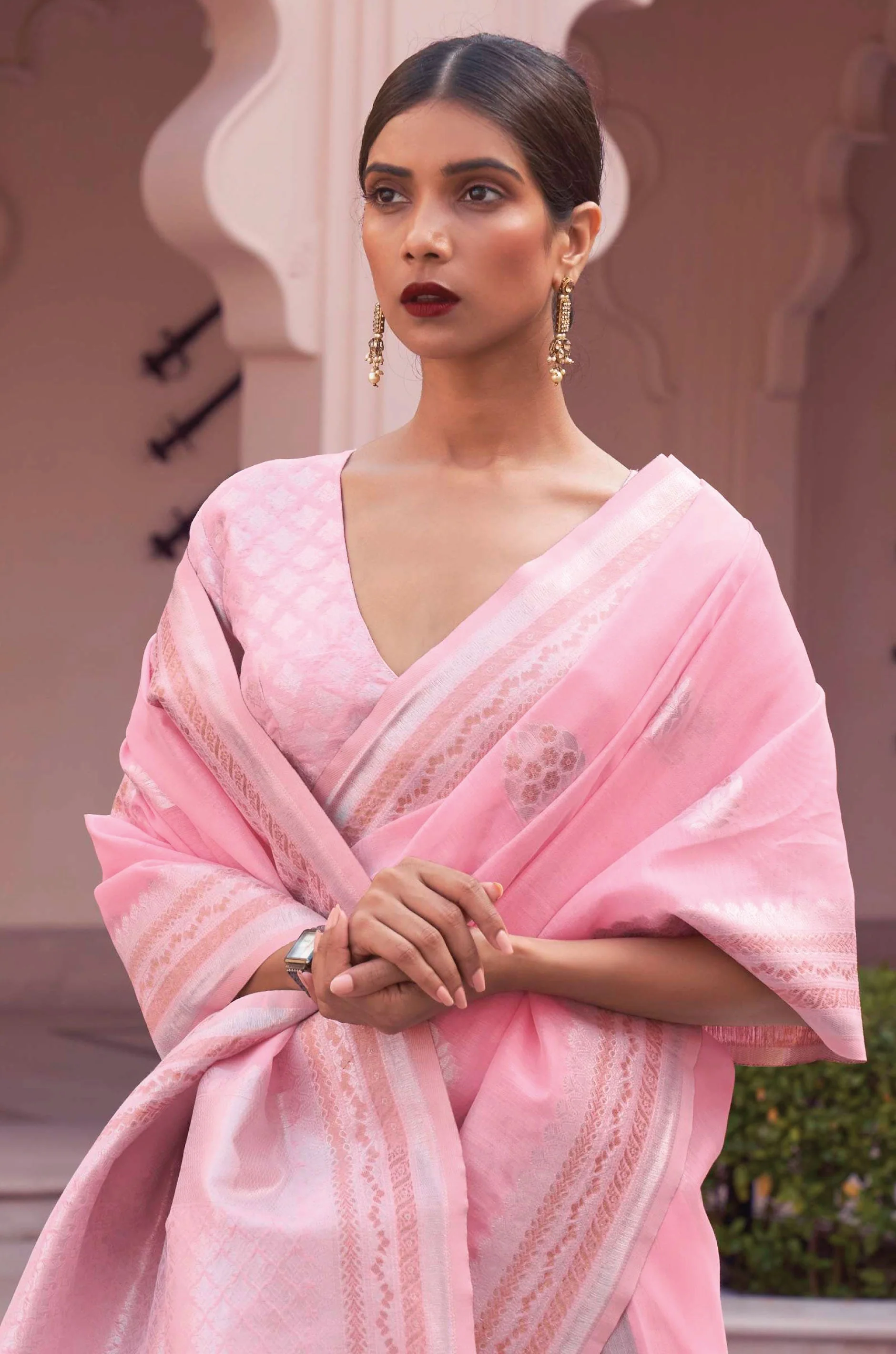 Baby Pink Woven Linen Saree - Image 5