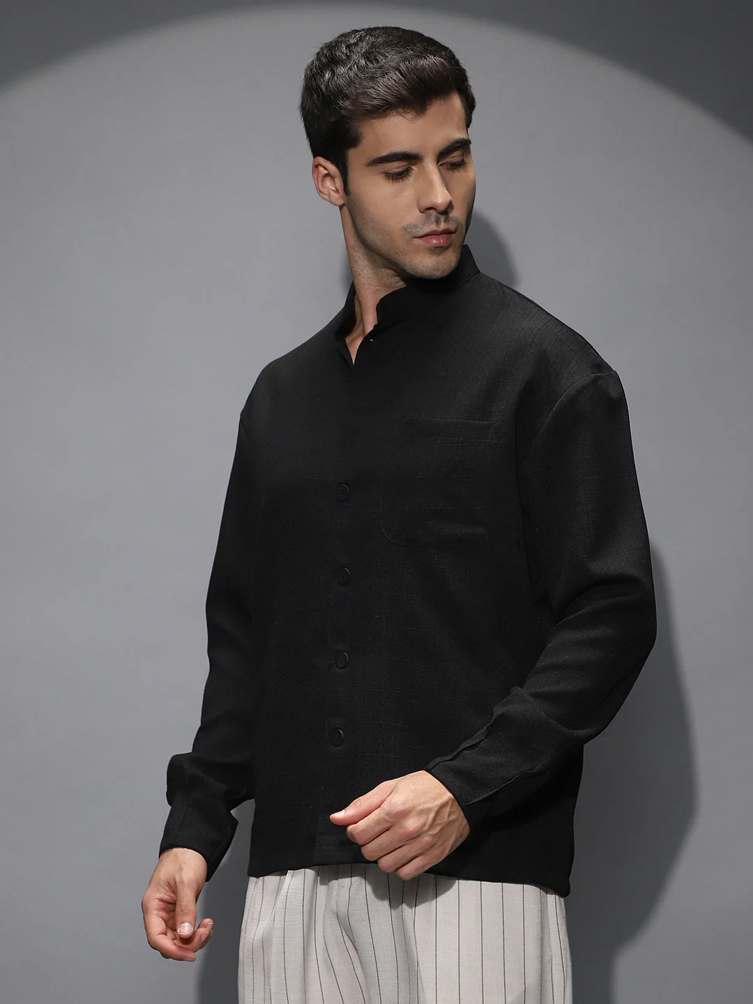 Band-Collar Heathered Shacket - Image 3