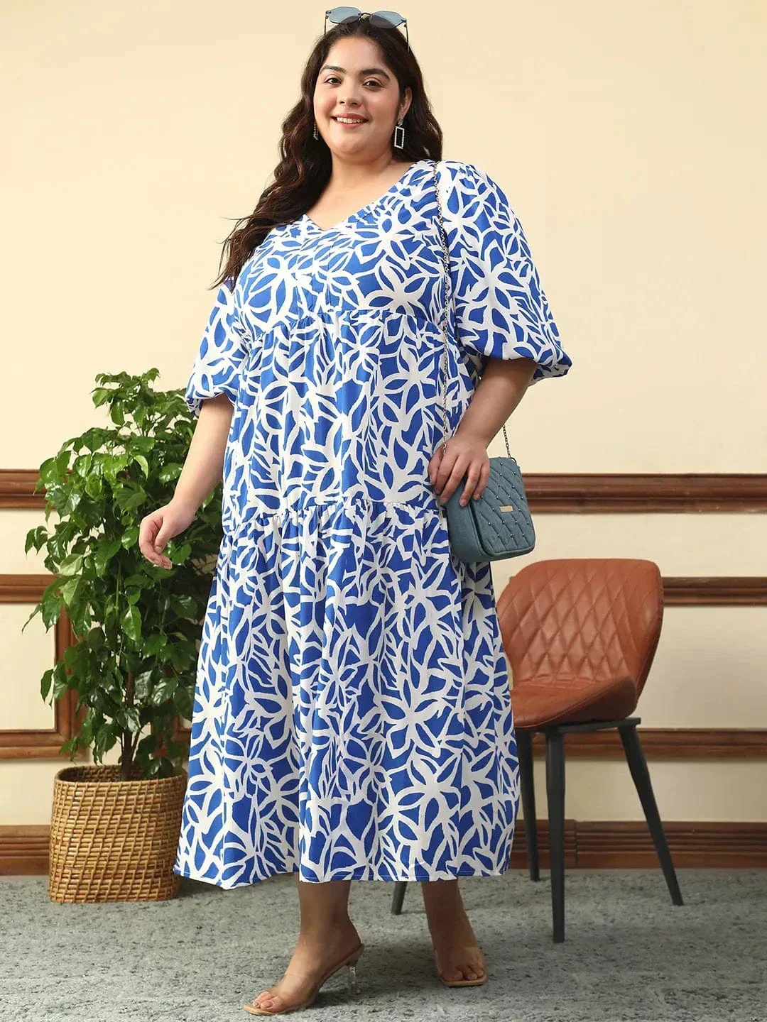 Bare Blue Floral Print Short Balloon Sleeve Plus Size Women Long Maxi Dress - Image 3