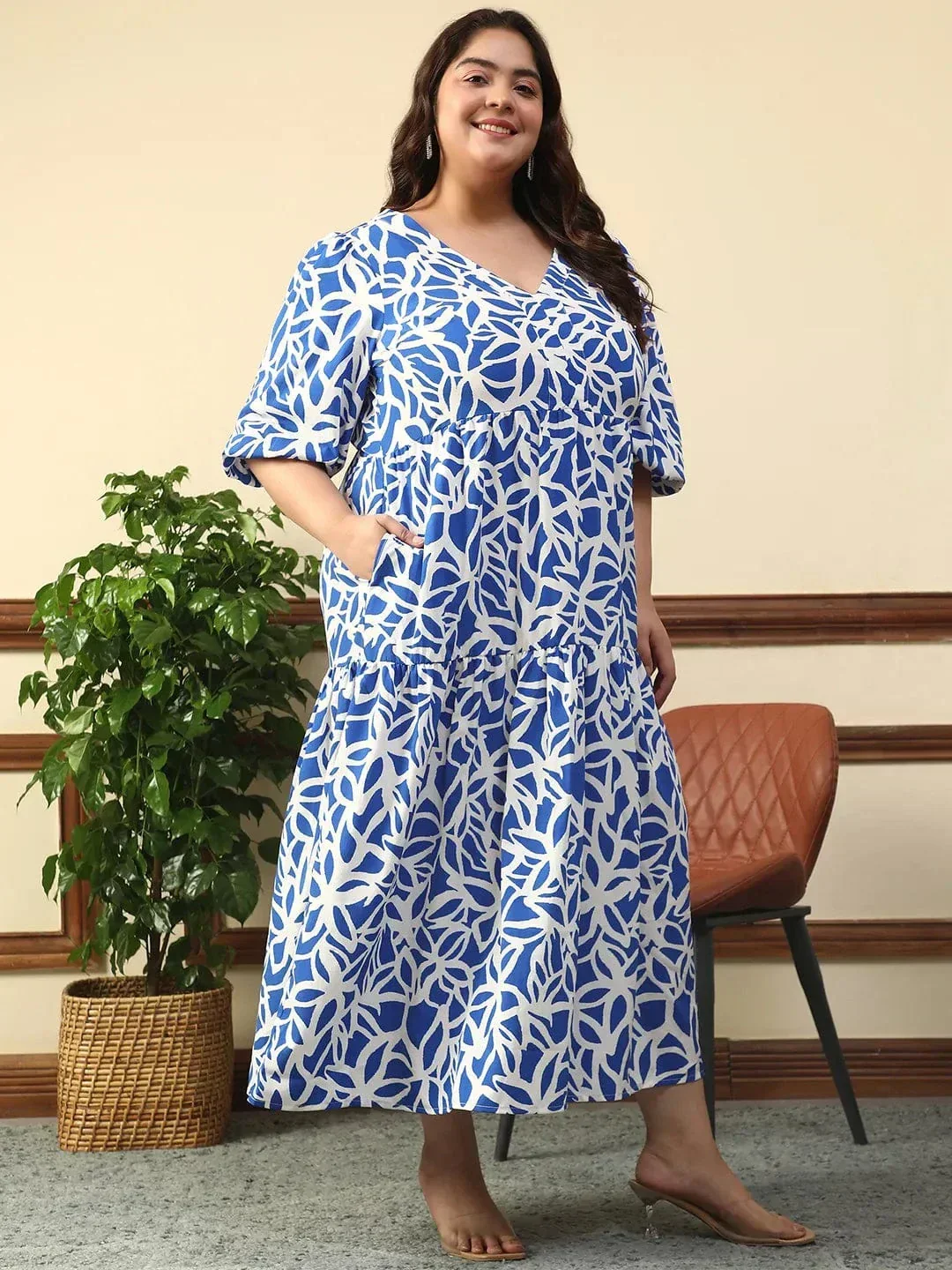 Bare Blue Floral Print Short Balloon Sleeve Plus Size Women Long Maxi Dress - Image 5