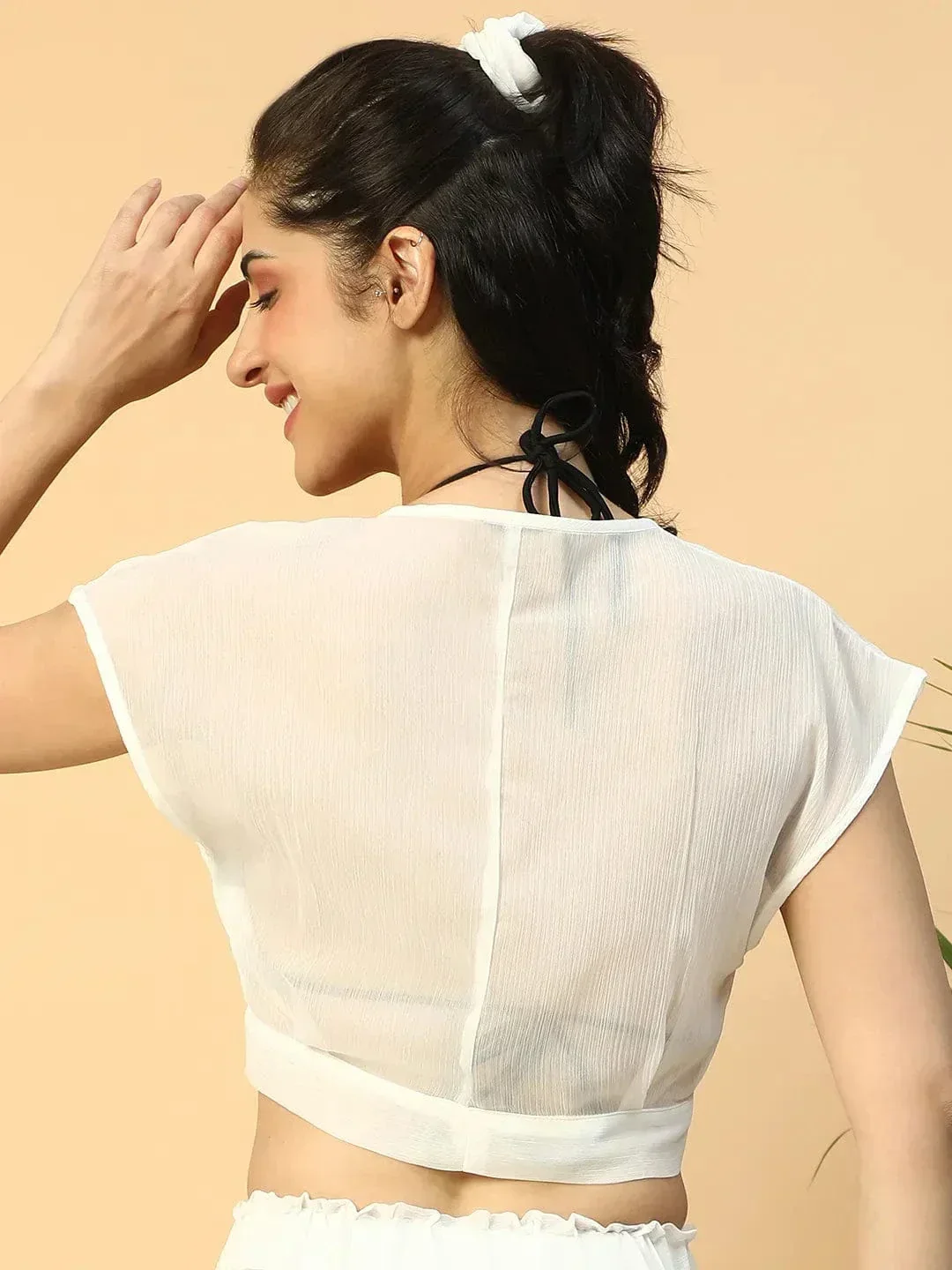 Barely Solid White Short Sleeve Tie-Up Knot Detail Women Beachwear Crop Top - Image 5
