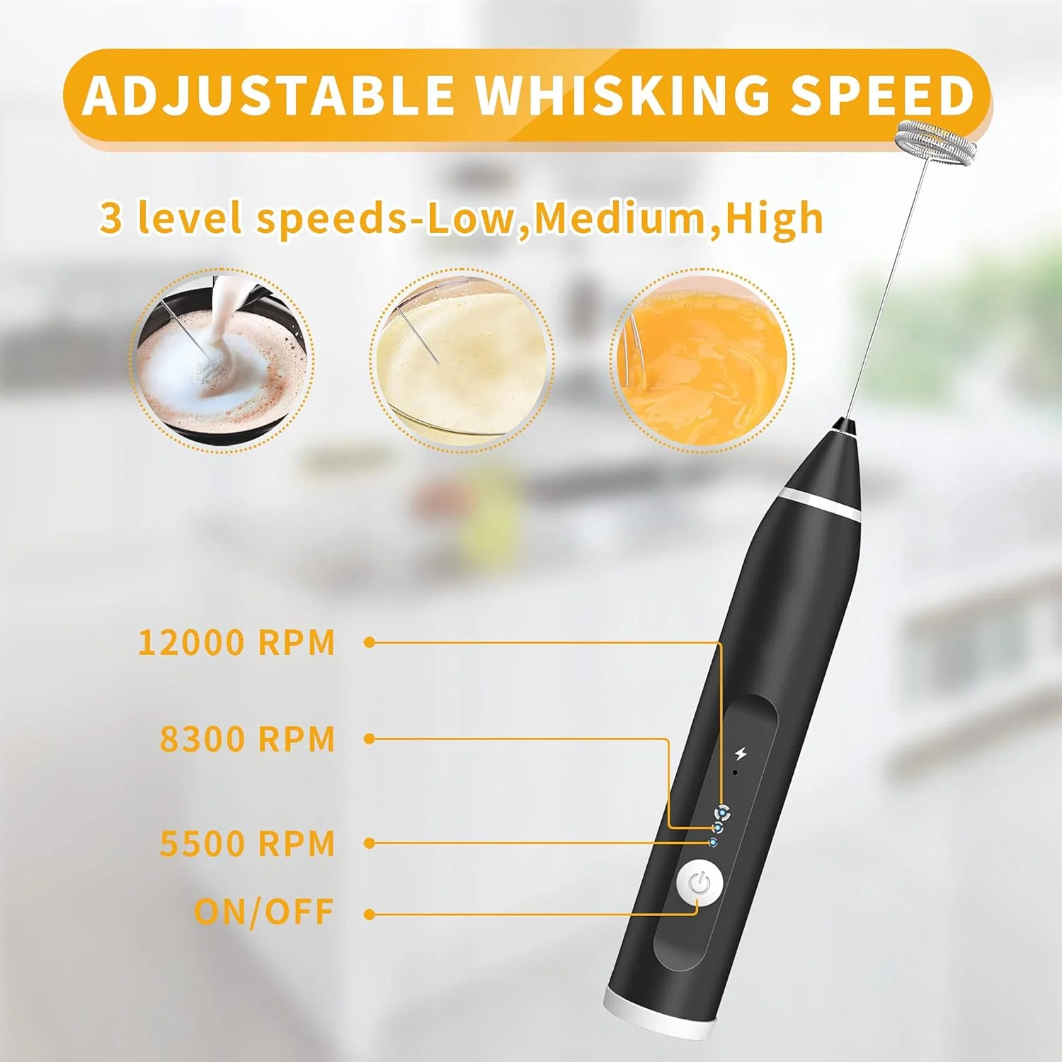 Baristix: Powerful Rechargeable Milk Frother & Beater with 3 Adjustable Speeds & 2 attachments, Handheld Frother for Coffee, Latte, Hot Chocolate & Eggs - Image 2