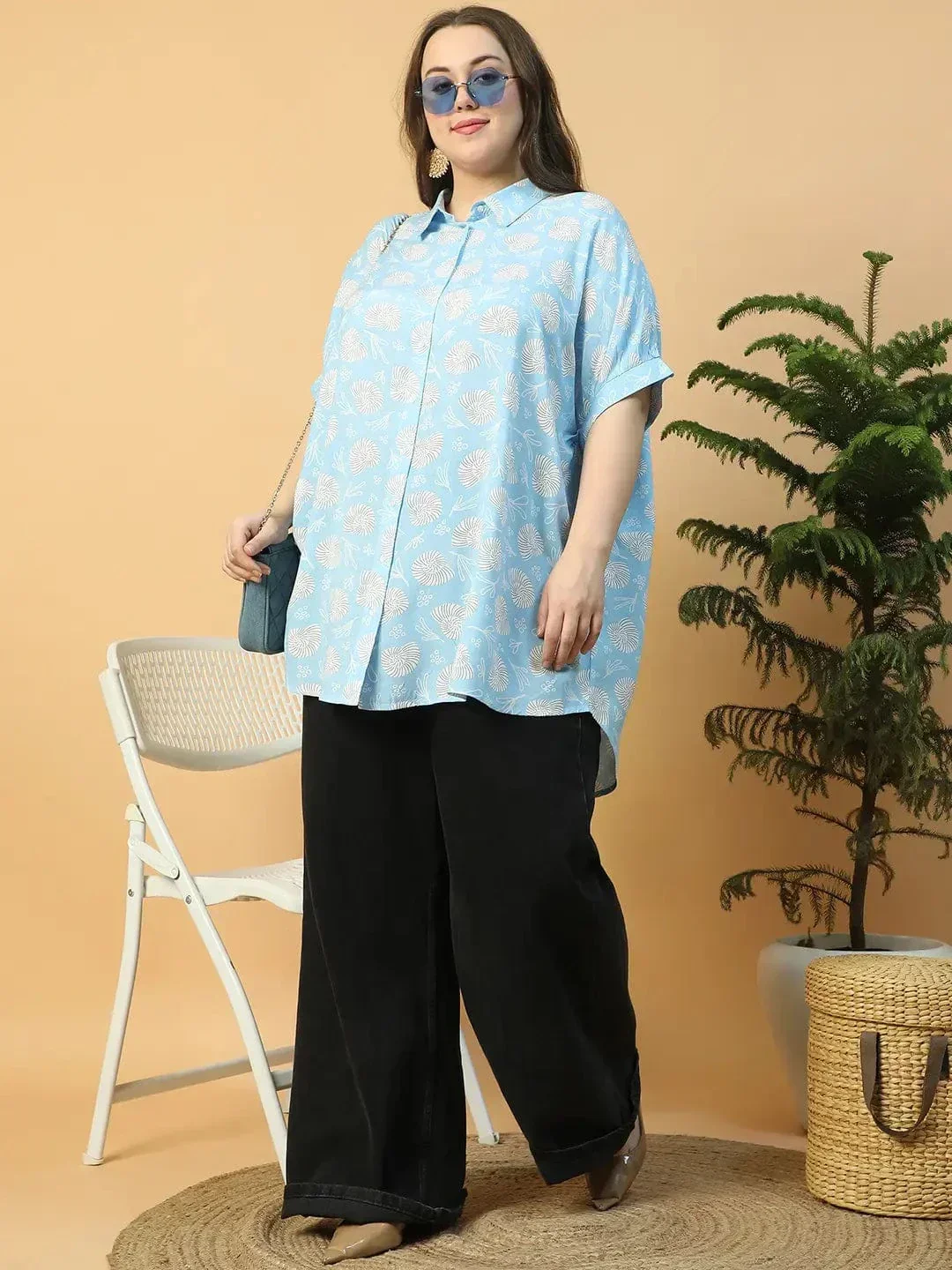 Baroque Blue Floral Print Collared Short Sleeve Button Down Baggy Style Plus Size Women Tunic Shirt - Image 8