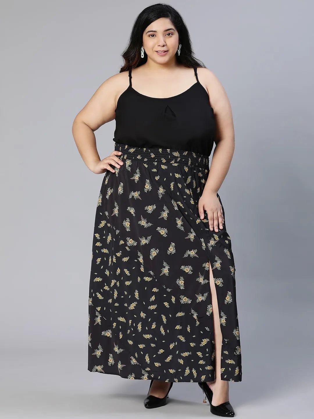 Basic Black Floral Print Elsaticated Women Plus Size Dress - Image 2