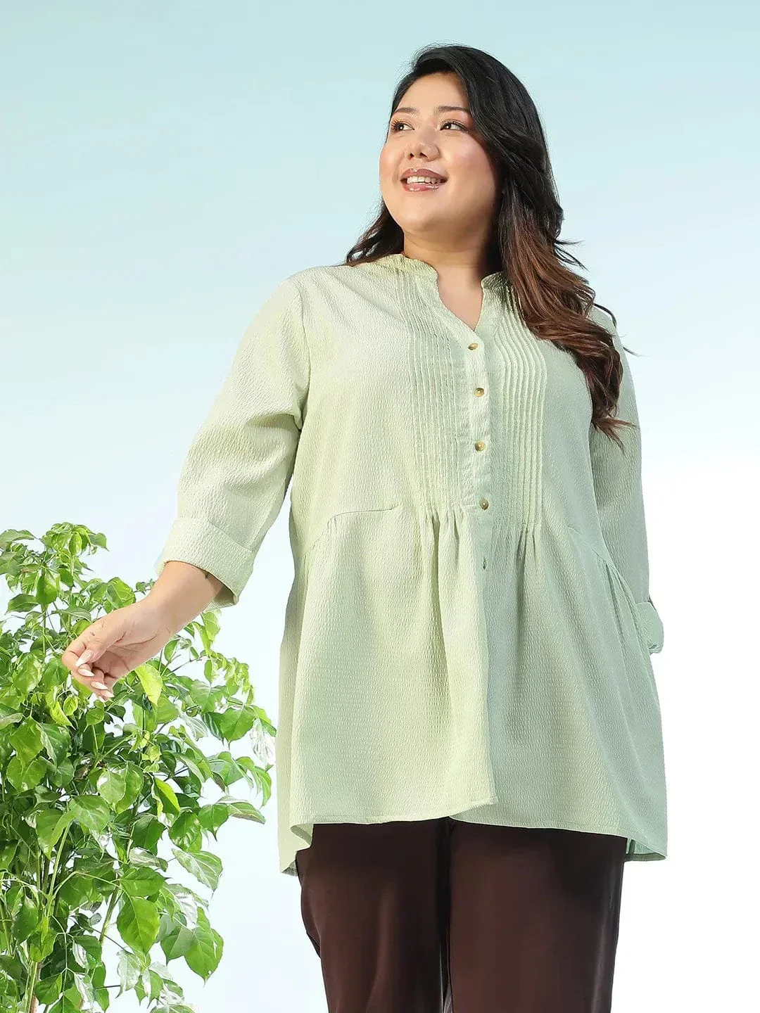 Basic Solid Sage Green  Long Sleeve Pleates Detail Button Down Plus Size Women Dobby Tunic