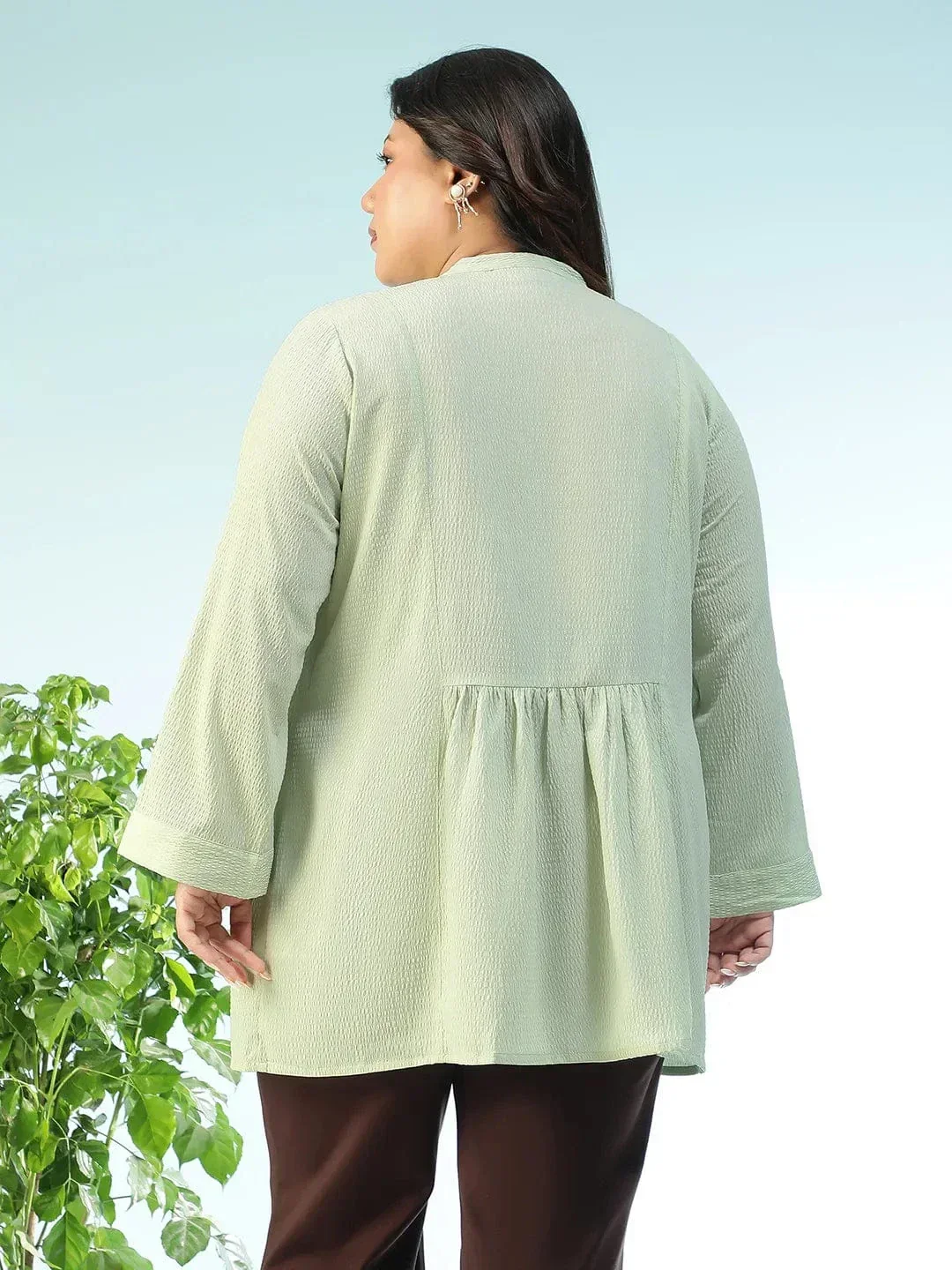 Basic Solid Sage Green  Long Sleeve Pleates Detail Button Down Plus Size Women Dobby Tunic - Image 5