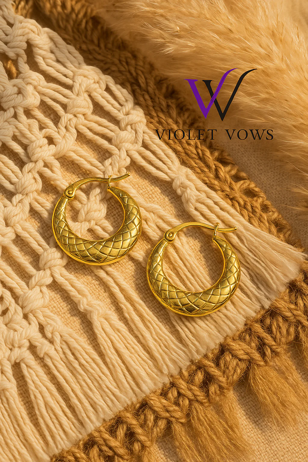 Basket Weave Textured Gold Hoop Earrings - Image 2