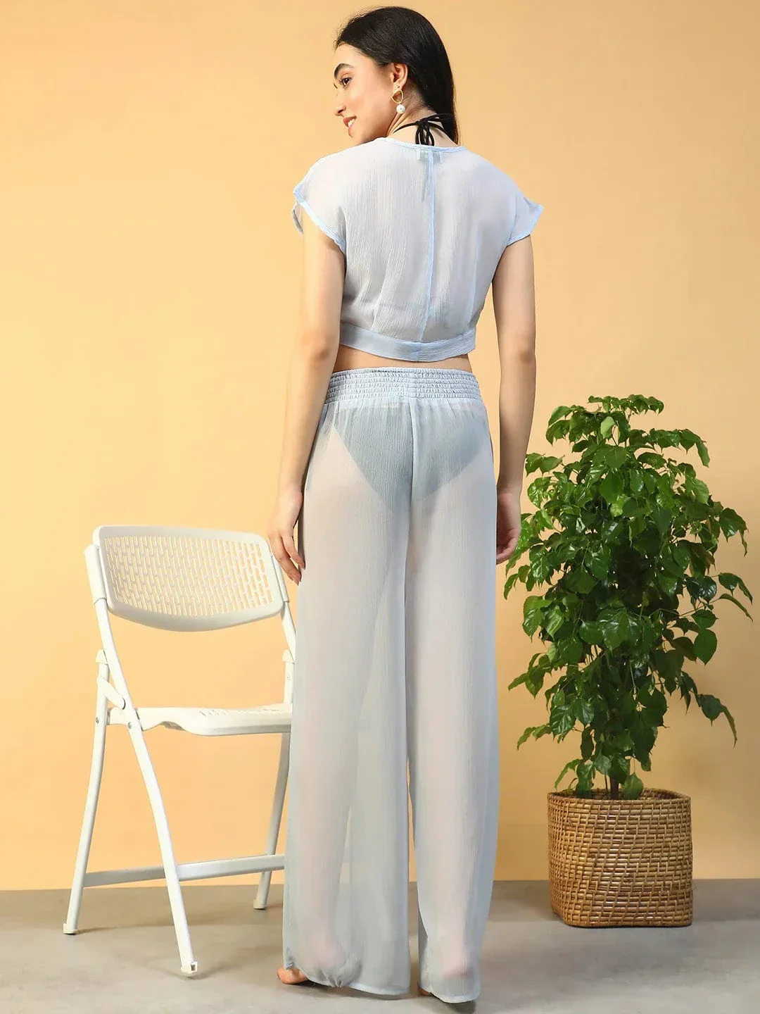 Bay Blue Chiffon Women Beachwear Co-ord Set with Elastic Slit Pants and Crop Top - Image 5