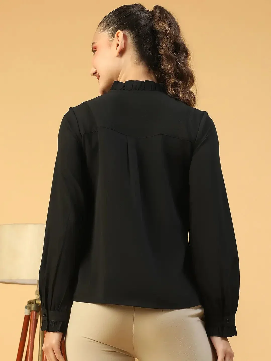 Beautiful Black Frill Detailed Long Sleeve Button Down  Women Pleated Shirt - Image 5