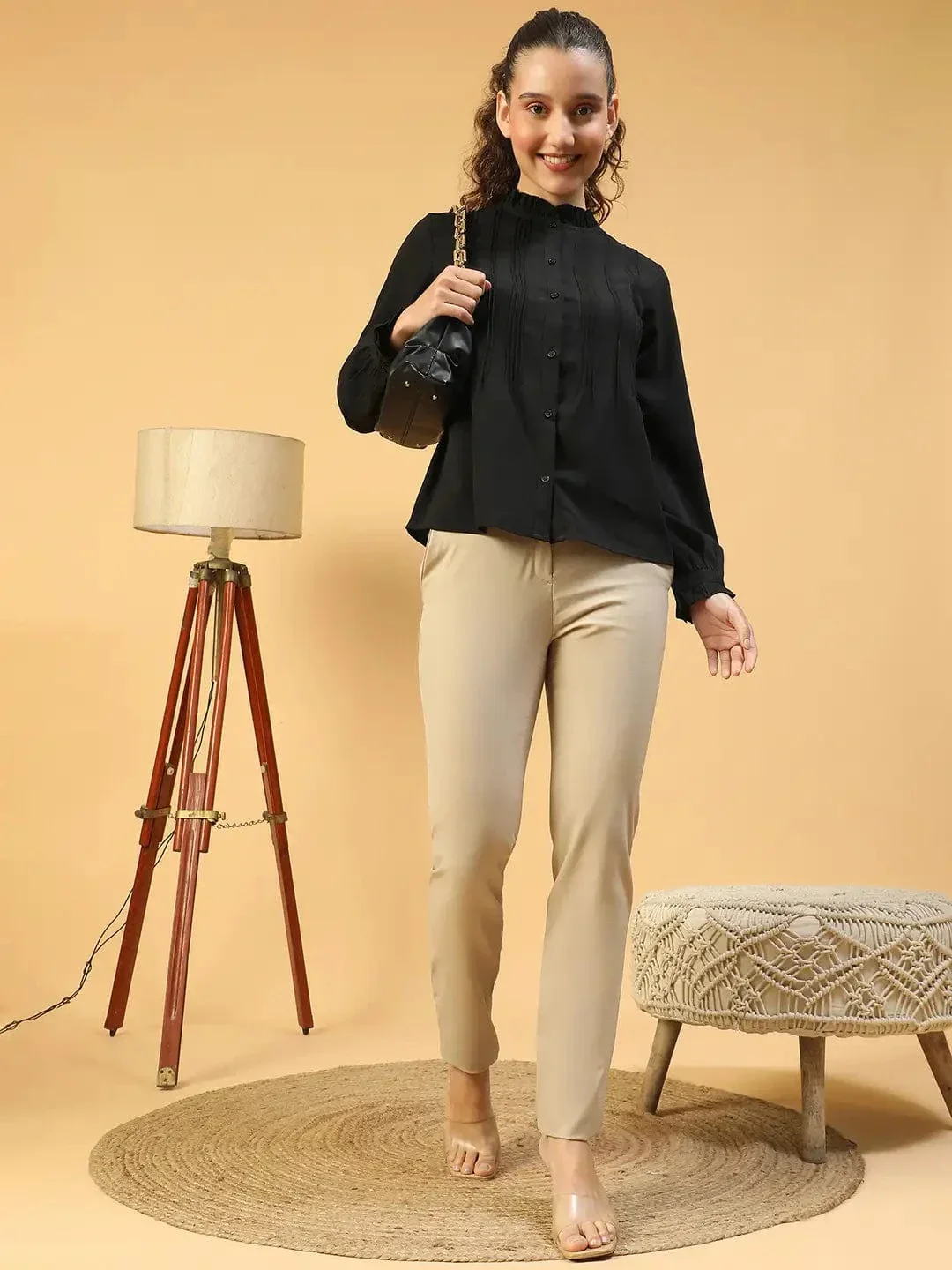 Beautiful Black Frill Detailed Long Sleeve Button Down  Women Pleated Shirt - Image 8