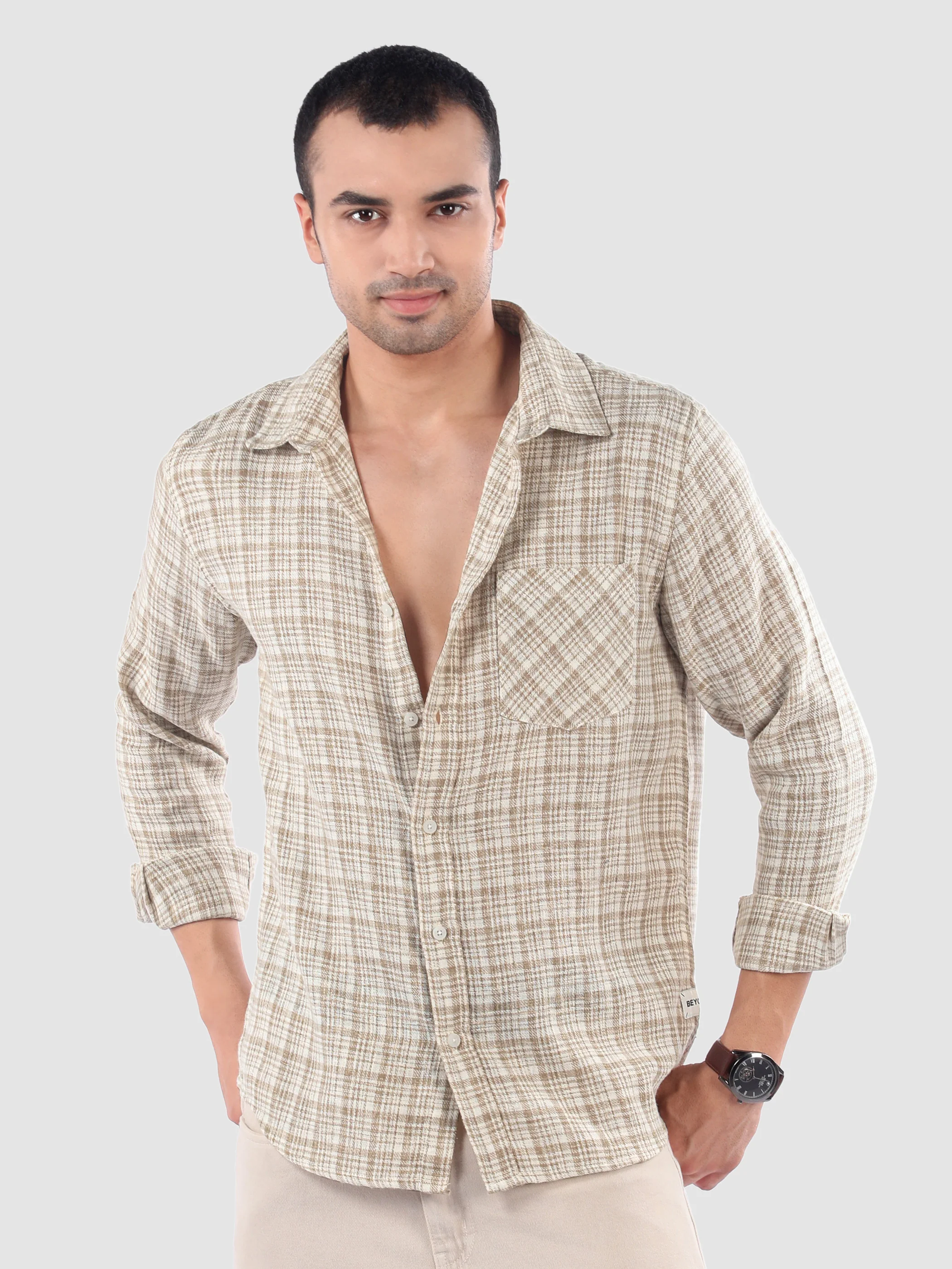 Beige Busy Check Cotton Shirt