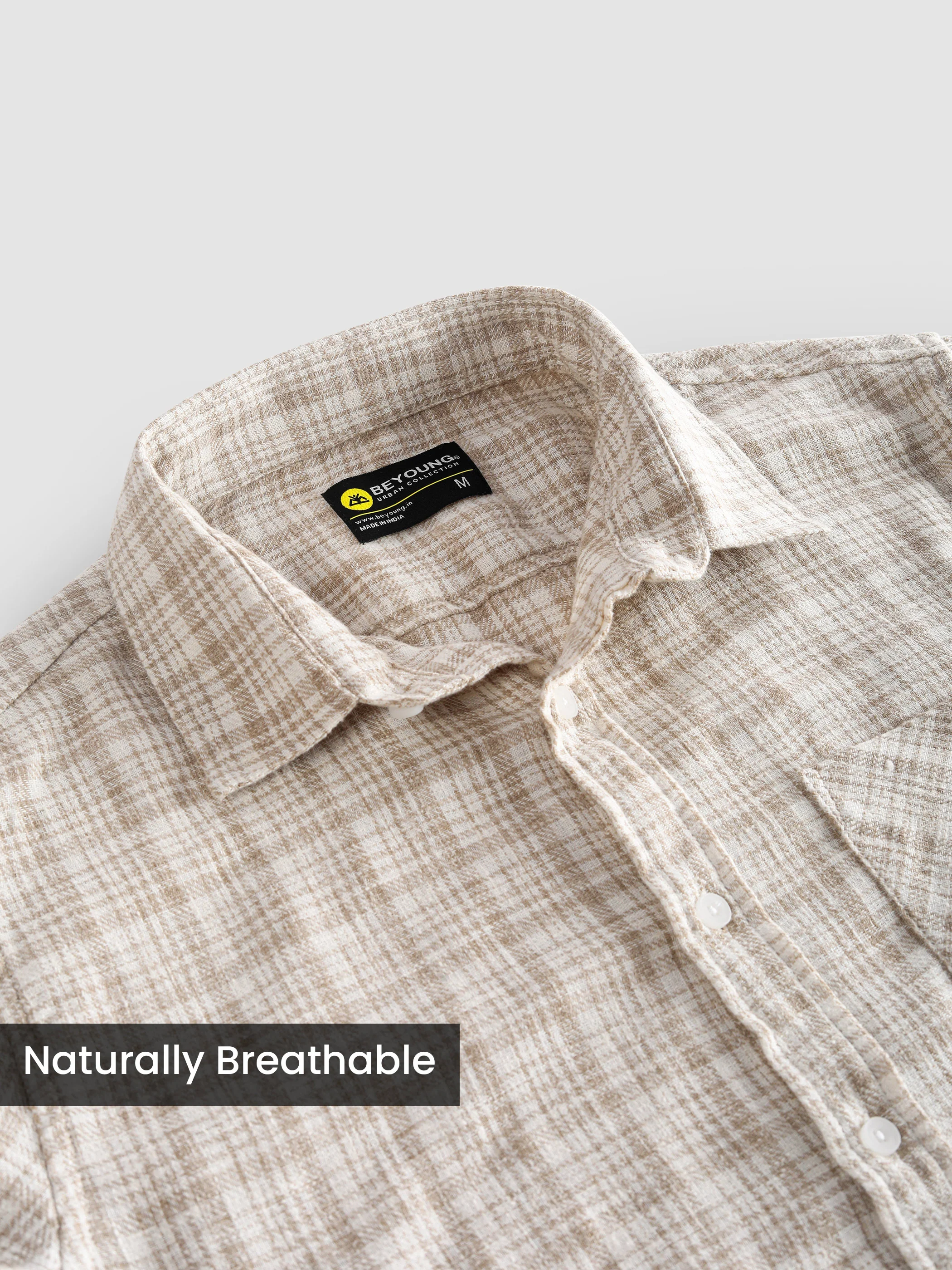 Beige Busy Check Cotton Shirt - Image 6