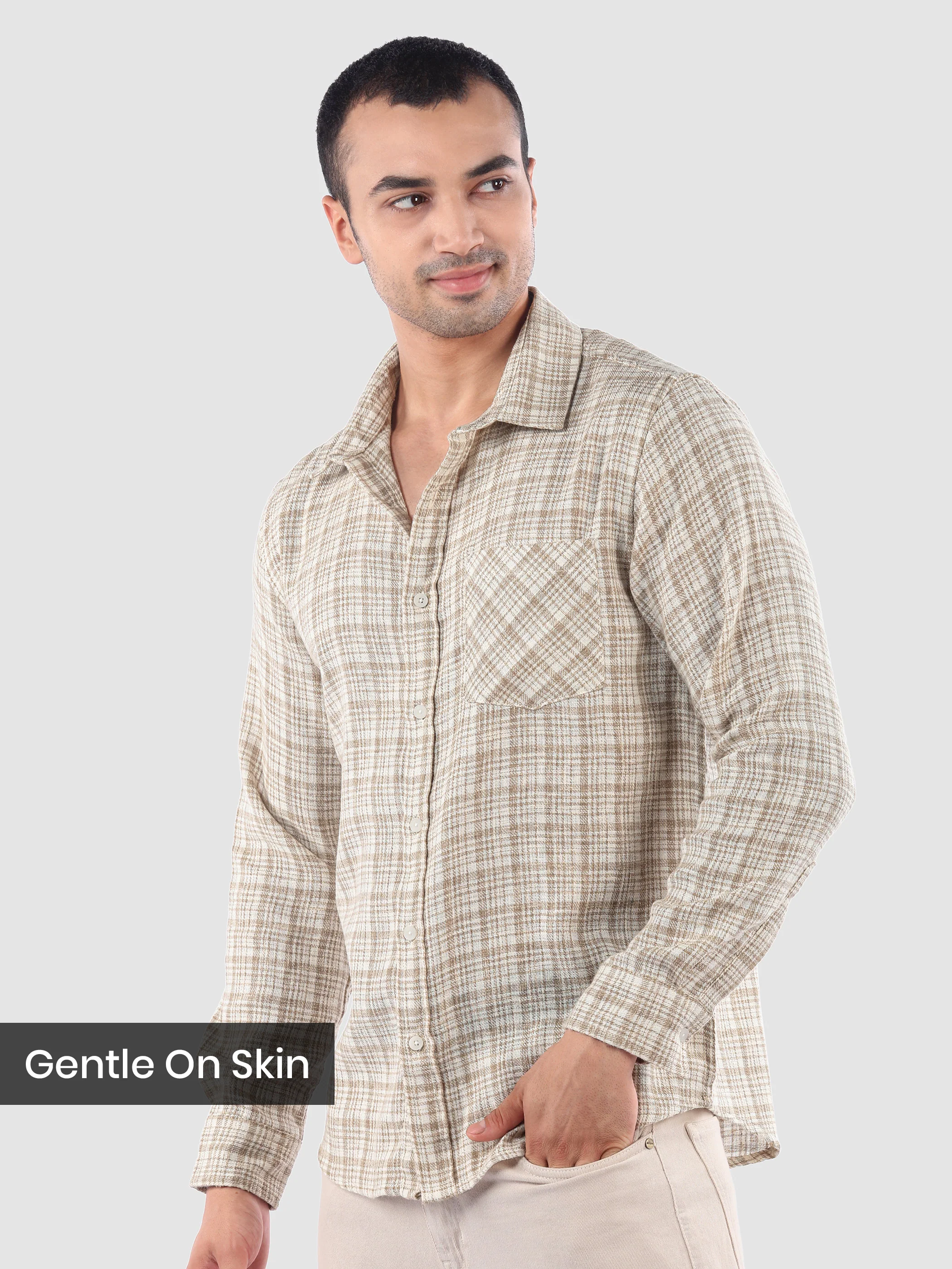 Beige Busy Check Cotton Shirt - Image 2
