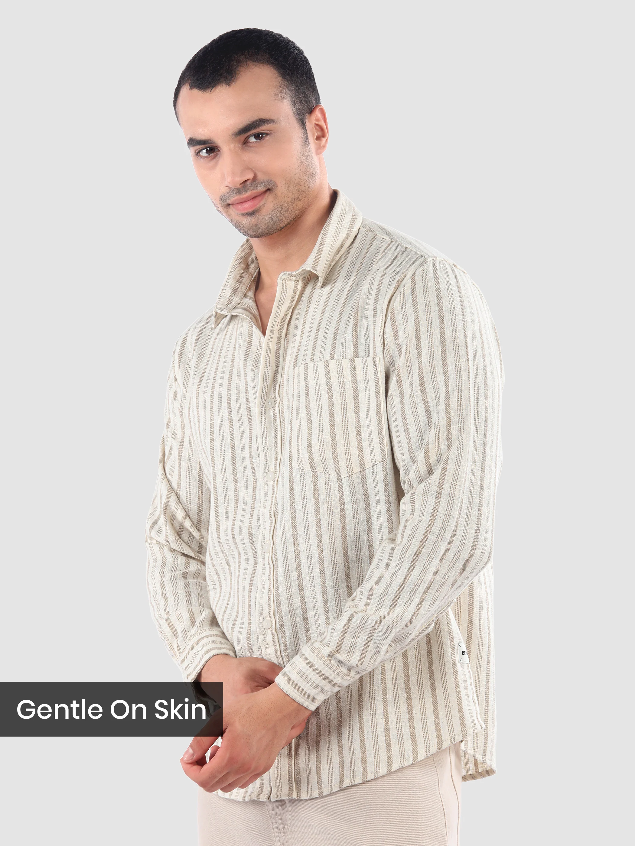 Beige Busy Stripe Cotton Shirt - Image 2