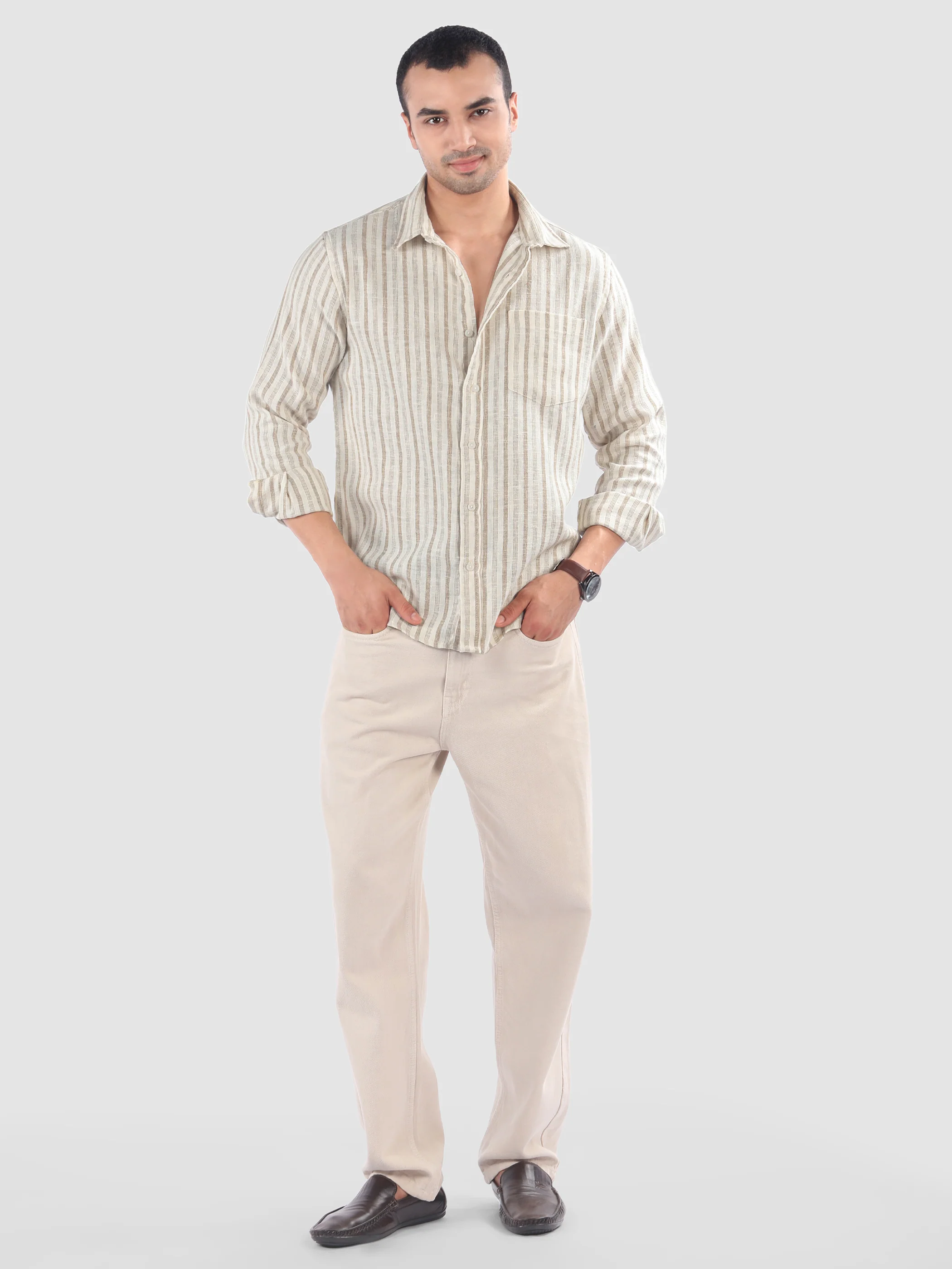 Beige Busy Stripe Cotton Shirt - Image 5