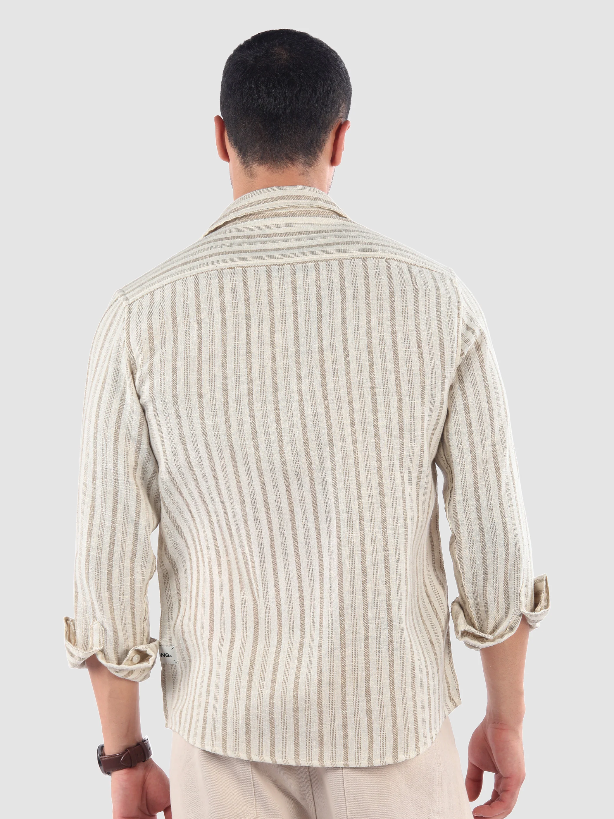 Beige Busy Stripe Cotton Shirt - Image 3