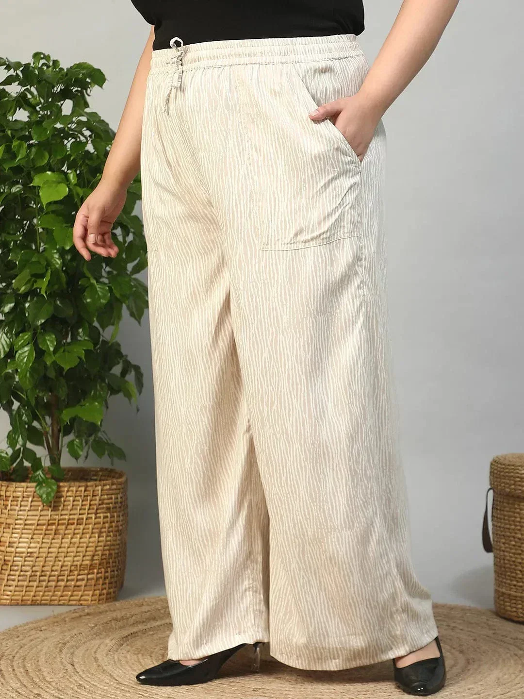 Beige Elasticated With Tie -Up Detail Rayon Dot Print Plus Size Women Flare Pant - Image 3