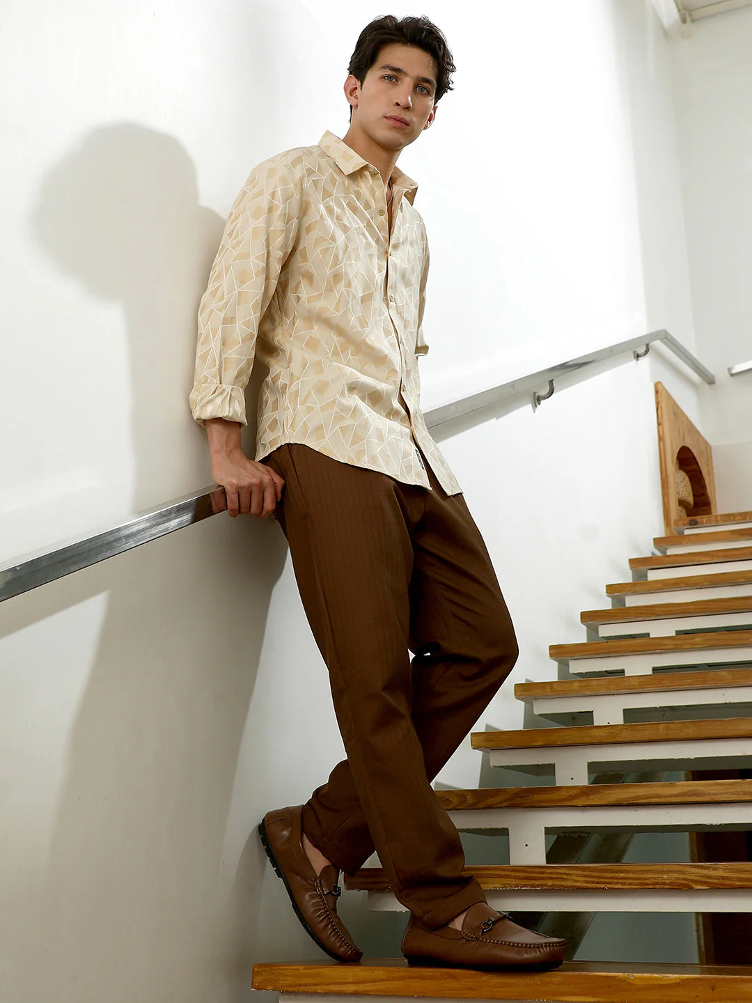 Beige Geometric Pattern Cotton Blend Full Sleeve Shirt - Image 5