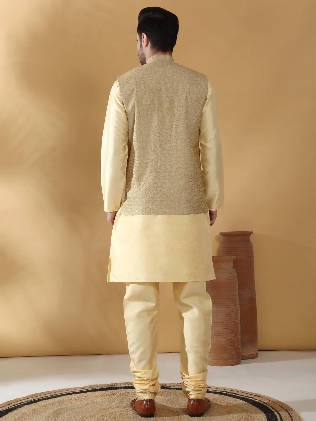 Beige Silk Blend Kurta churidar with Jacquard Geometric Sleeveless Nehru Jacket set - Image 2