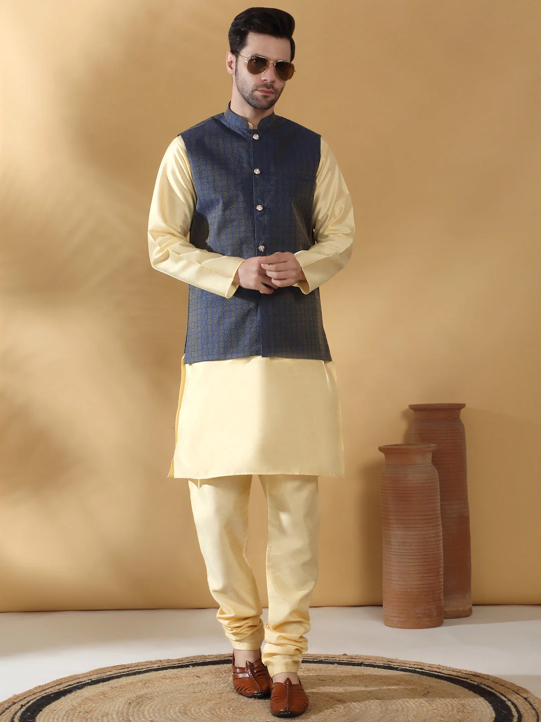 Beige Silk Blend Kurta churidar with Jacquard Geometric Sleeveless Nehru Jacket set - Image 27