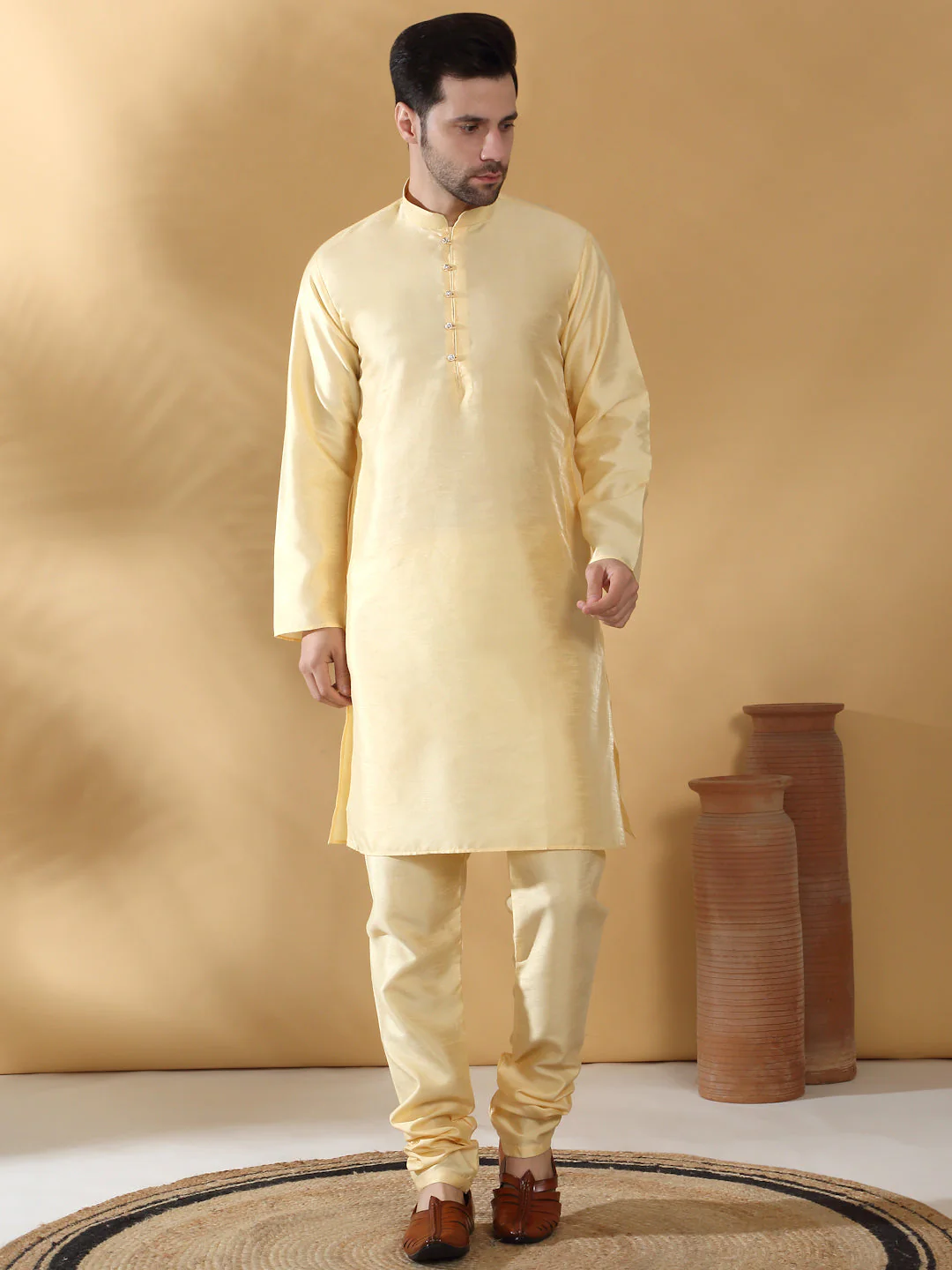 Beige Silk Blend Kurta churidar with Jacquard Geometric Sleeveless Nehru Jacket set - Image 9