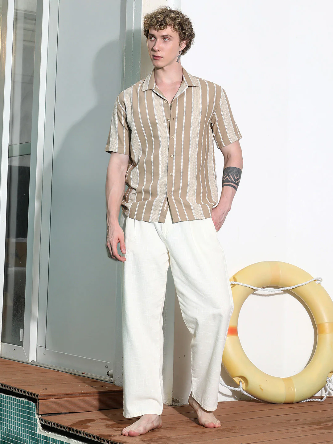 Beige Striped Cuban Collar Shirt - Image 6