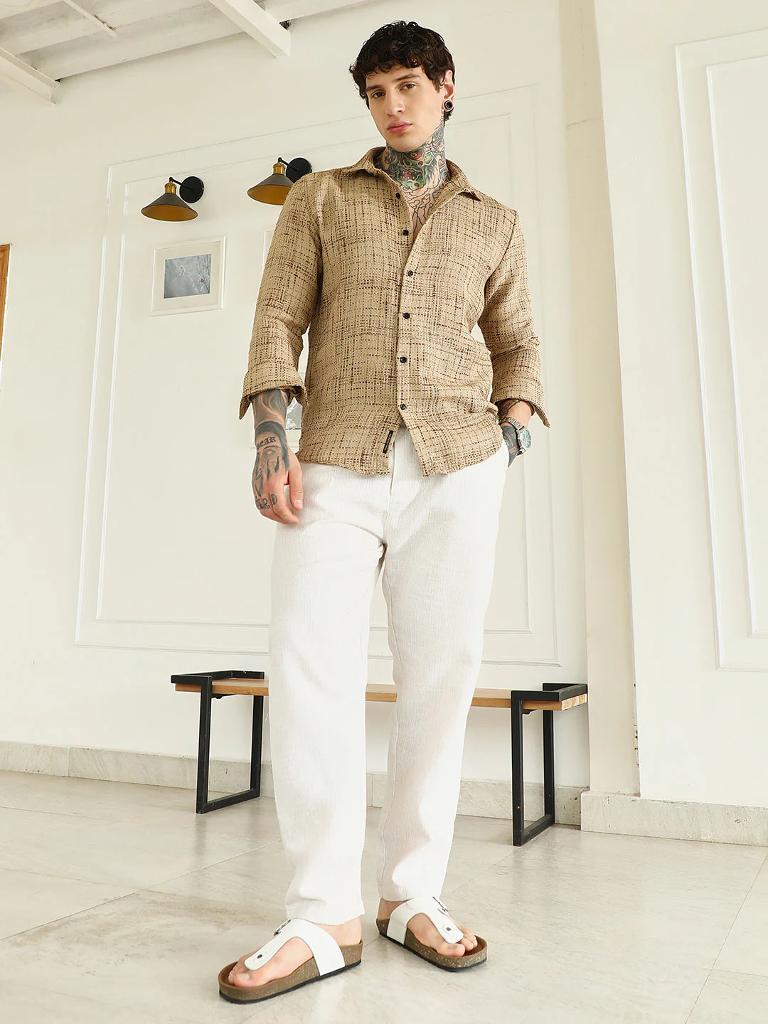 Beige Textured Cotton-Polyester Blend Shirt - Image 5