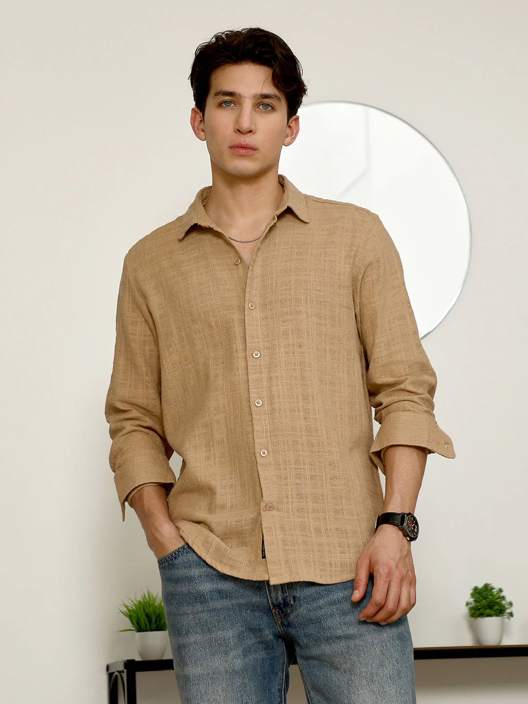 Beige Textured Full Sleeve Shirt - Image 2