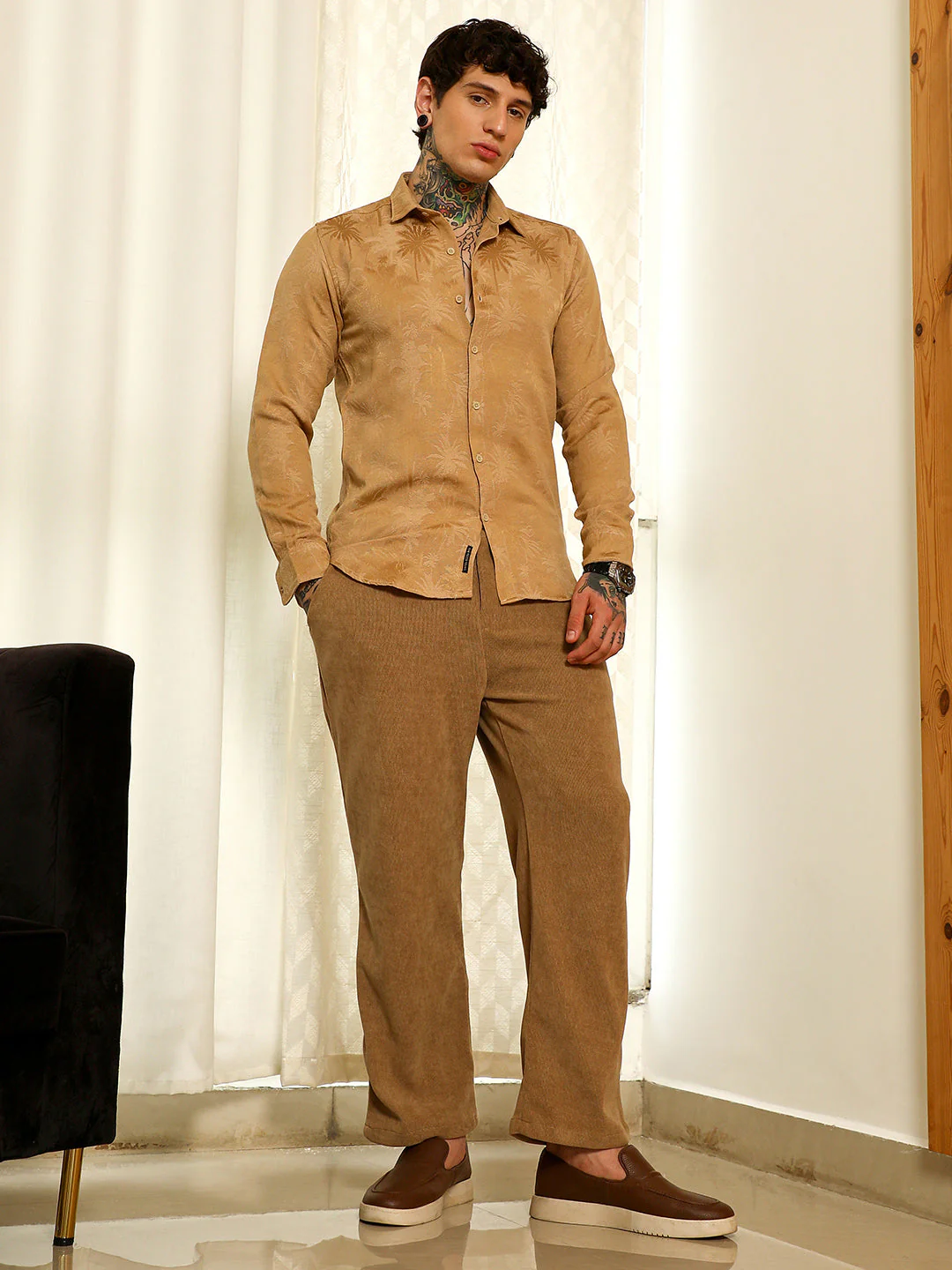 Beige Textured Slim Fit Shirt With Palm Tree Pattern - Image 5