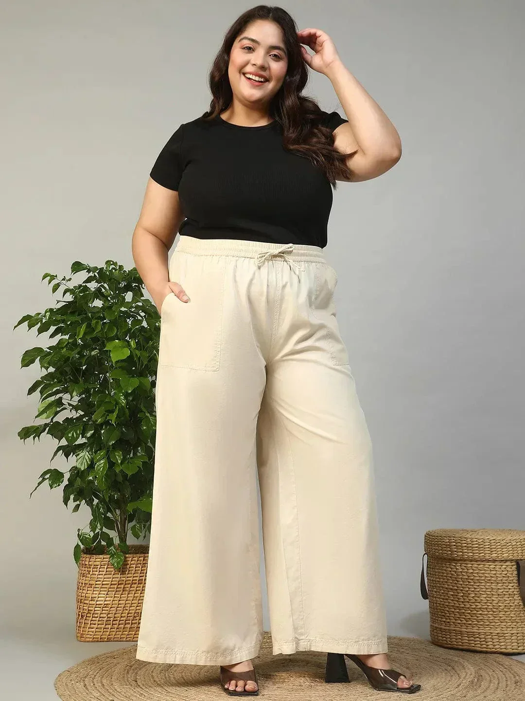 Being Beige Elasticated With Tie -Up Detail Plus Size Women Cotton Linen Flare Pant - Image 2