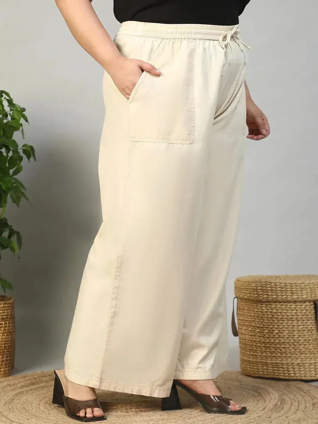 Being Beige Elasticated With Tie -Up Detail Plus Size Women Cotton Linen Flare Pant - Image 4
