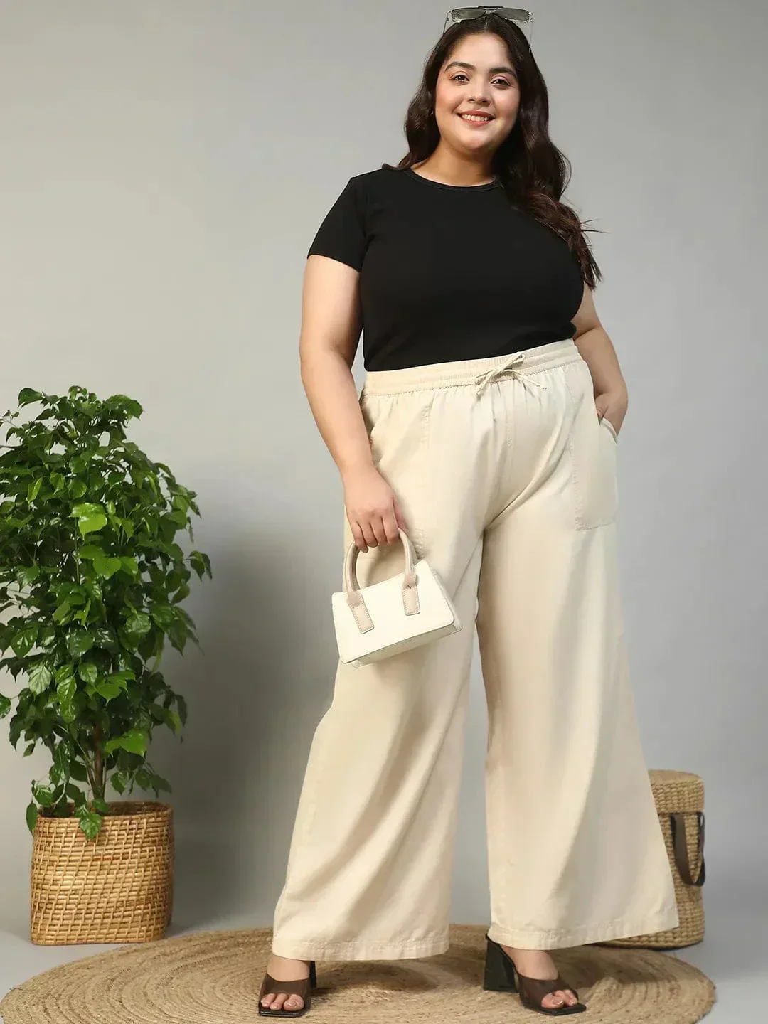Being Beige Elasticated With Tie -Up Detail Plus Size Women Cotton Linen Flare Pant - Image 7