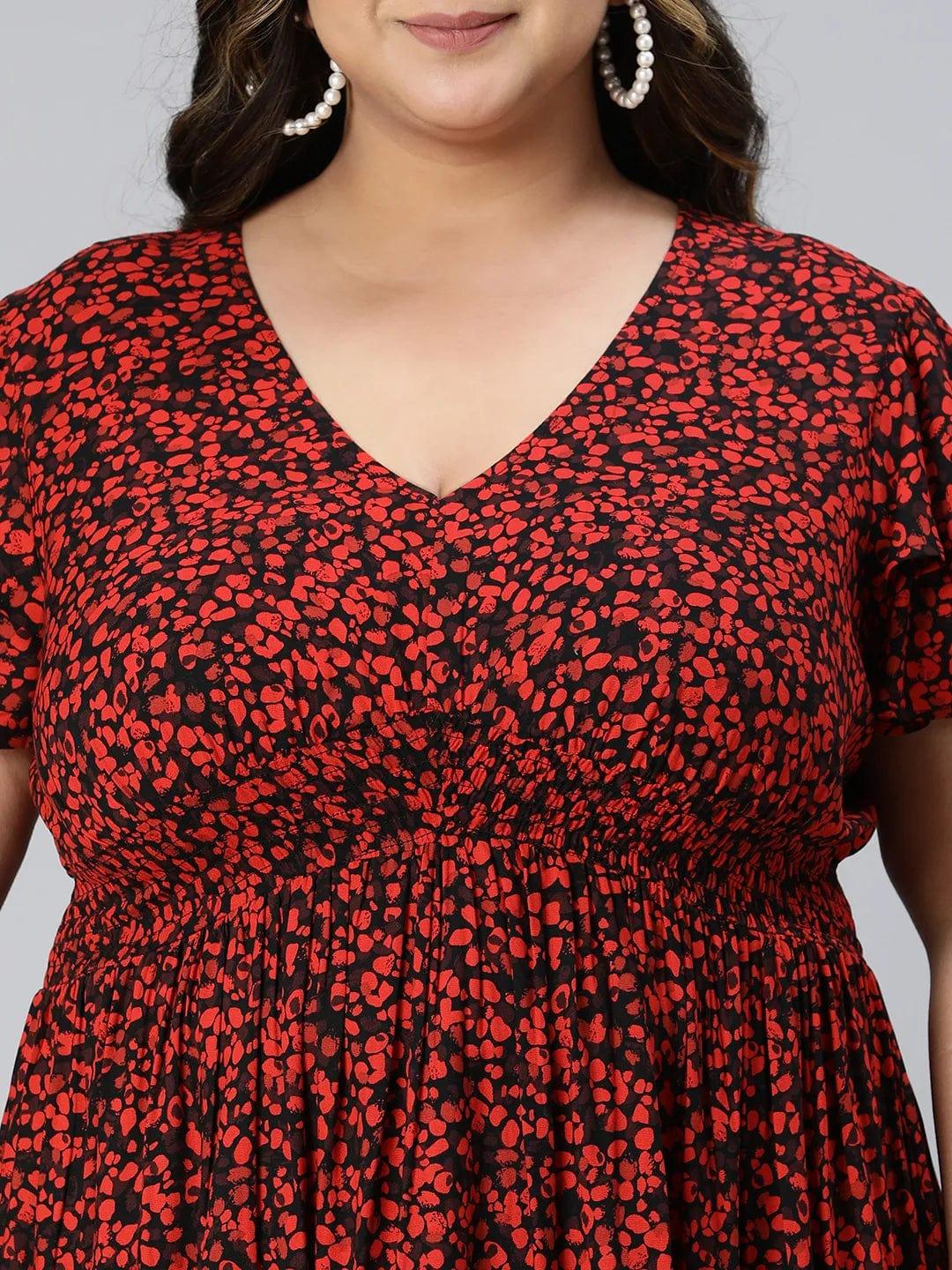 Berry Red Floral Print Knee-Length Plus Size Curvy Dress - Image 6