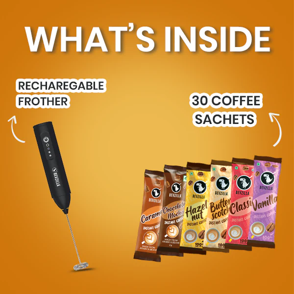 BEVZILLA 30 ASSORTED COFFEE POWDER SACHETS + NEW BEVZILLA RECHARGEABLE FROTHER - Image 2