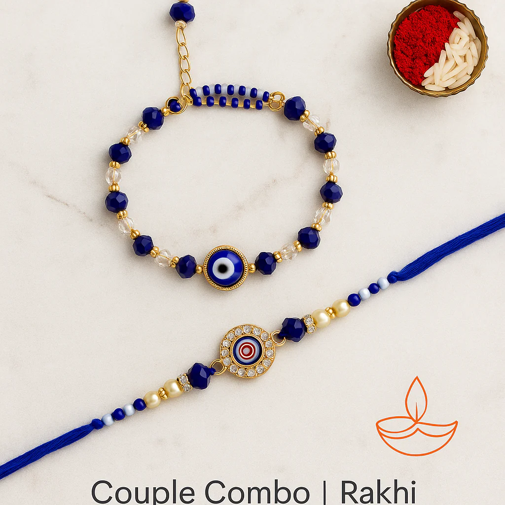 Bhaiya Bhabhi Rakhi Set with Evil Eye Charm, Coaster & Kumkum Chawal | Couple Combo Rakhi Gift with Assorted Color | Raksha Bandhan Special
