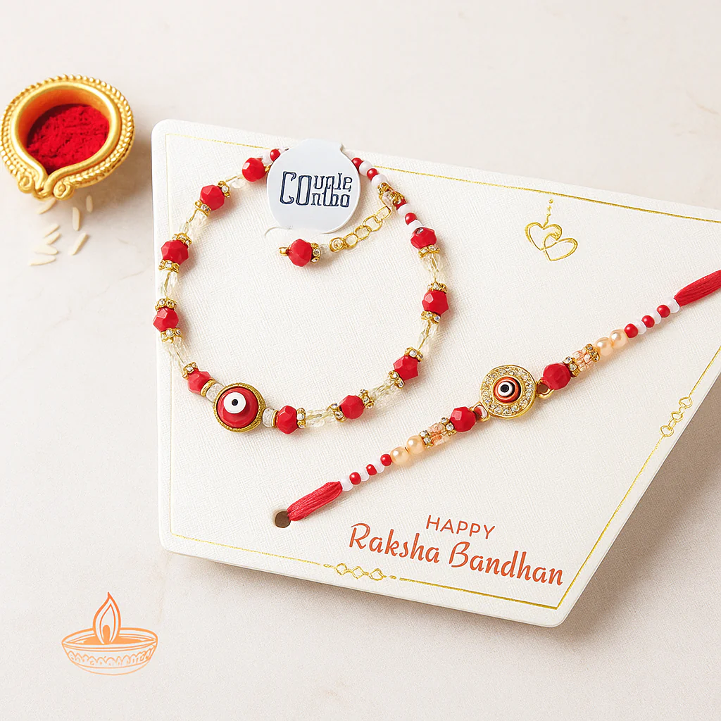 Bhaiya Bhabhi Rakhi Set with Evil Eye Charm, Coaster & Kumkum Chawal | Couple Combo Rakhi Gift with Assorted Color | Raksha Bandhan Special - Image 6