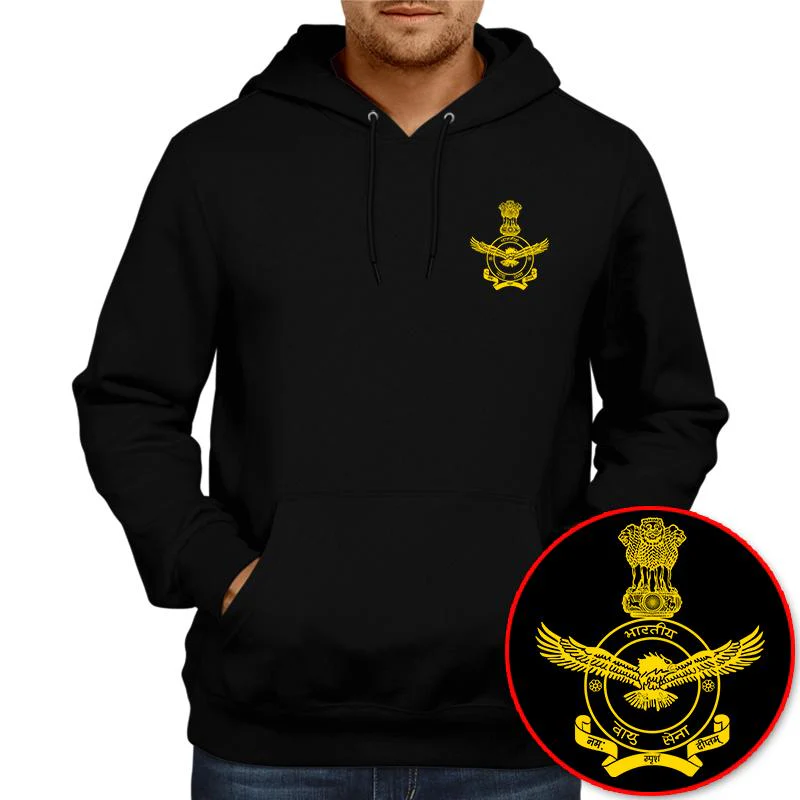 Bhartiya Vayu Sena Black Hoodie Unisex 100% Cotton Printed Hoodie ( Black)