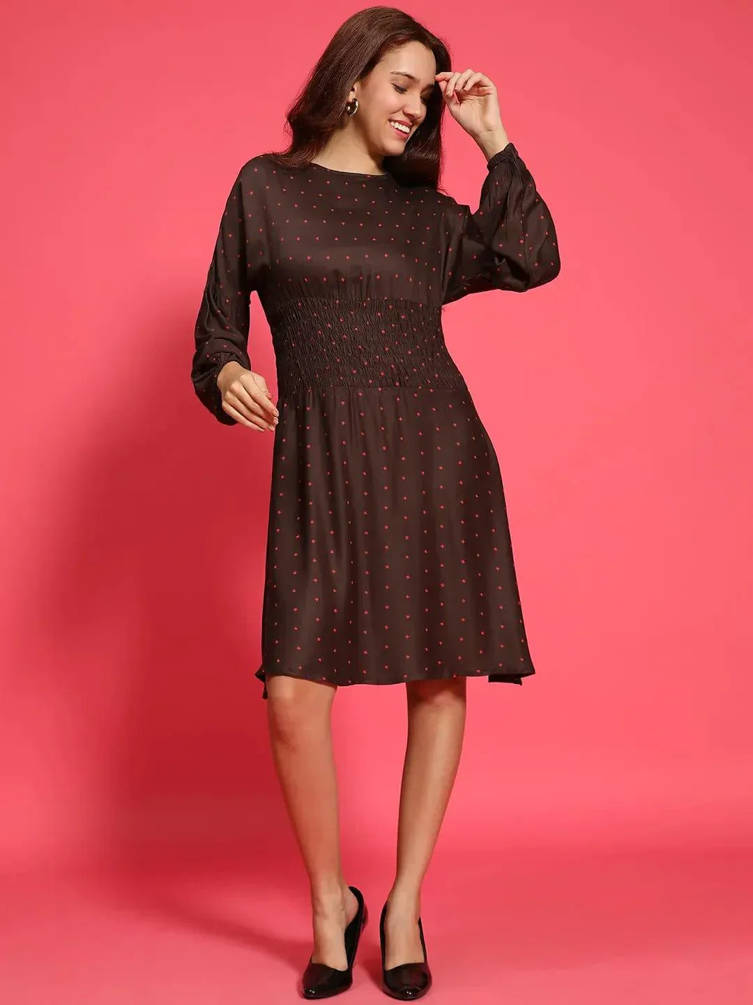 Big Brown Dot Print Round Neck Long Sleeve Smocked Knee Length Women Dress - Image 2