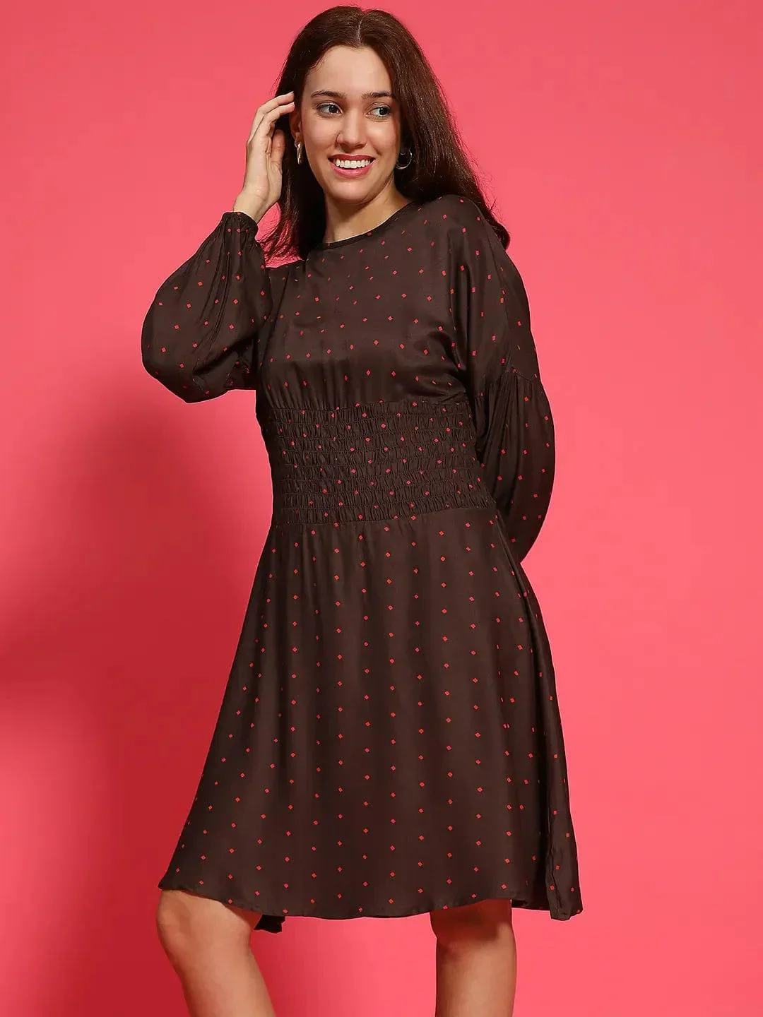 Big Brown Dot Print Round Neck Long Sleeve Smocked Knee Length Women Dress - Image 3