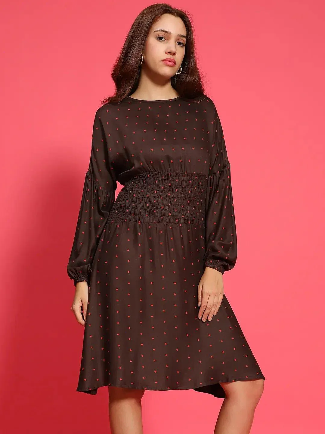 Big Brown Dot Print Round Neck Long Sleeve Smocked Knee Length Women Dress - Image 4