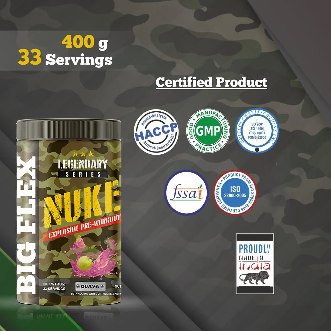 Bigflex Nuke Pre Workout Powder| 33 Servings |Energy Booster| (Guava, 400 gm) - Image 2