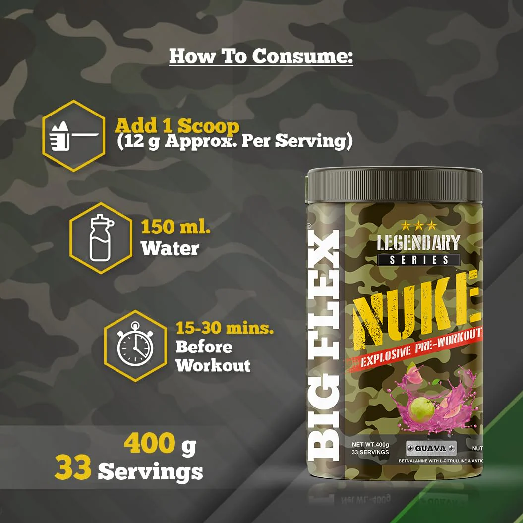 Bigflex Nuke Pre Workout Powder| 33 Servings |Energy Booster| (Guava, 400 gm) - Image 6