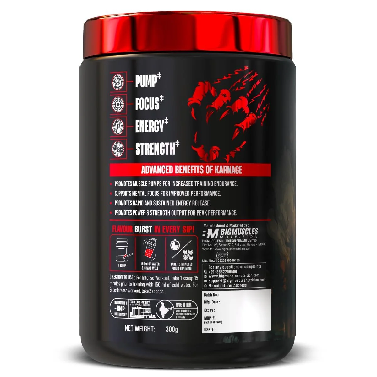 Bigmuscles Nutrition Karnage Pre workout [60 Servings,  | Pre-workout Supplement Supports to Improve Focus, Strength, Energy and Pump, Banned Substance Tested, Dope Free, 300g - Image 6