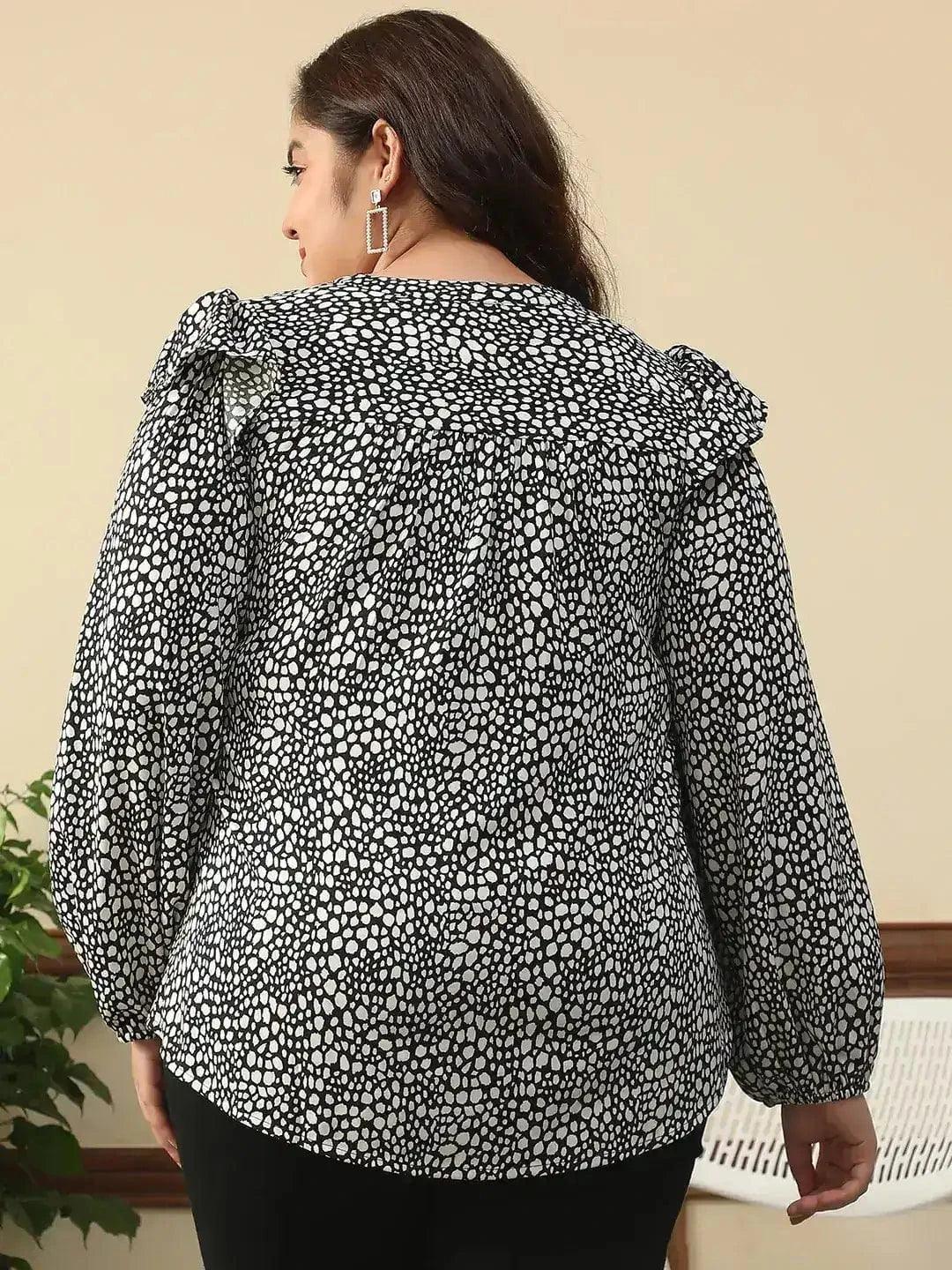 Bitzy Black Animal Print Round Neck With Tie-Up Detail Long Sleeve Ruffle Flair Plus Size Women Top - Image 5