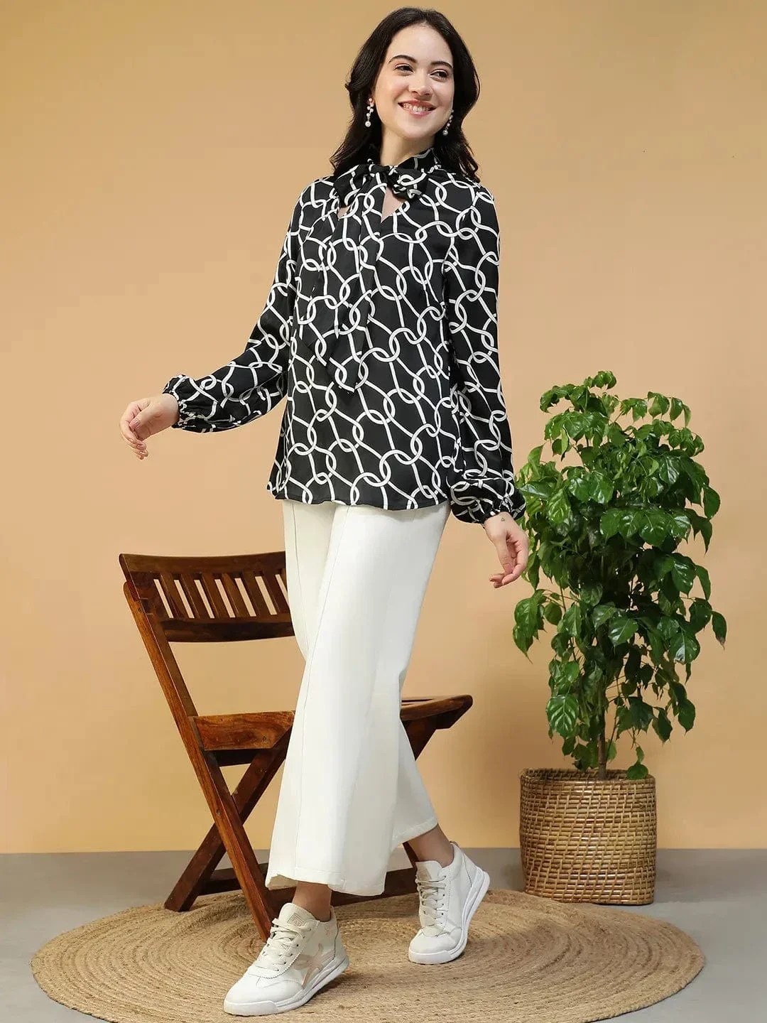 Black Abstract Print Top - Women's Casual Long Sleeve Blouse With Tie-Up Neck Detail - Image 2