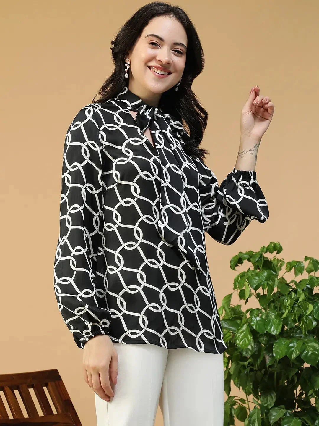 Black Abstract Print Top - Women's Casual Long Sleeve Blouse With Tie-Up Neck Detail - Image 4