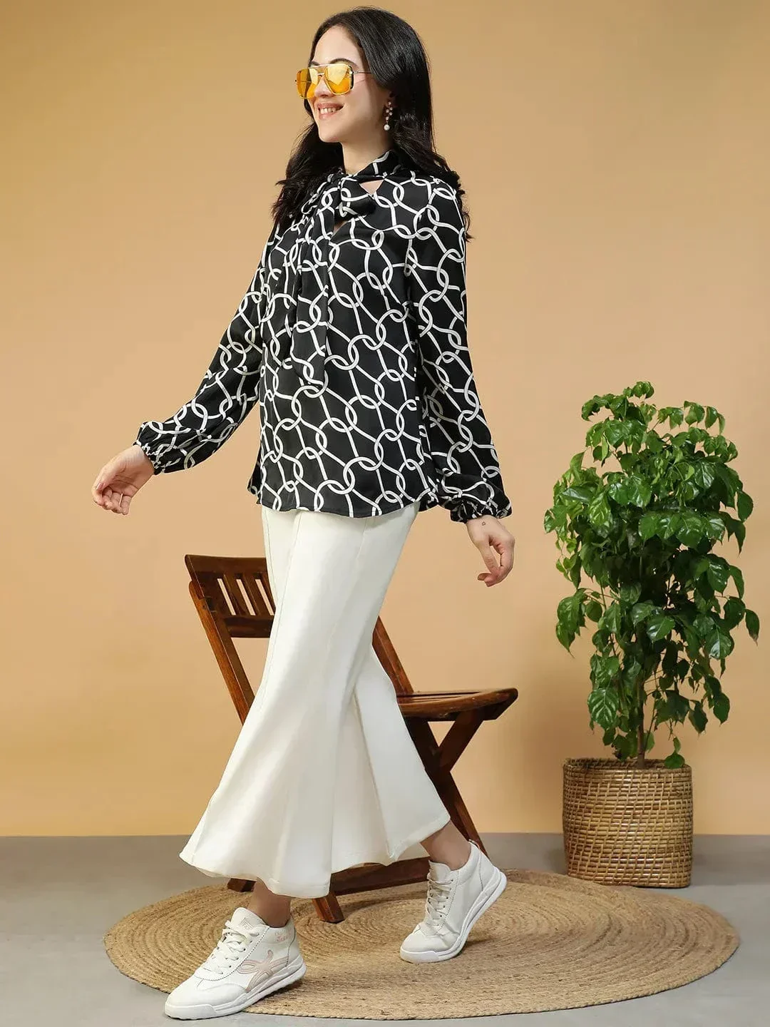 Black Abstract Print Top - Women's Casual Long Sleeve Blouse With Tie-Up Neck Detail - Image 8