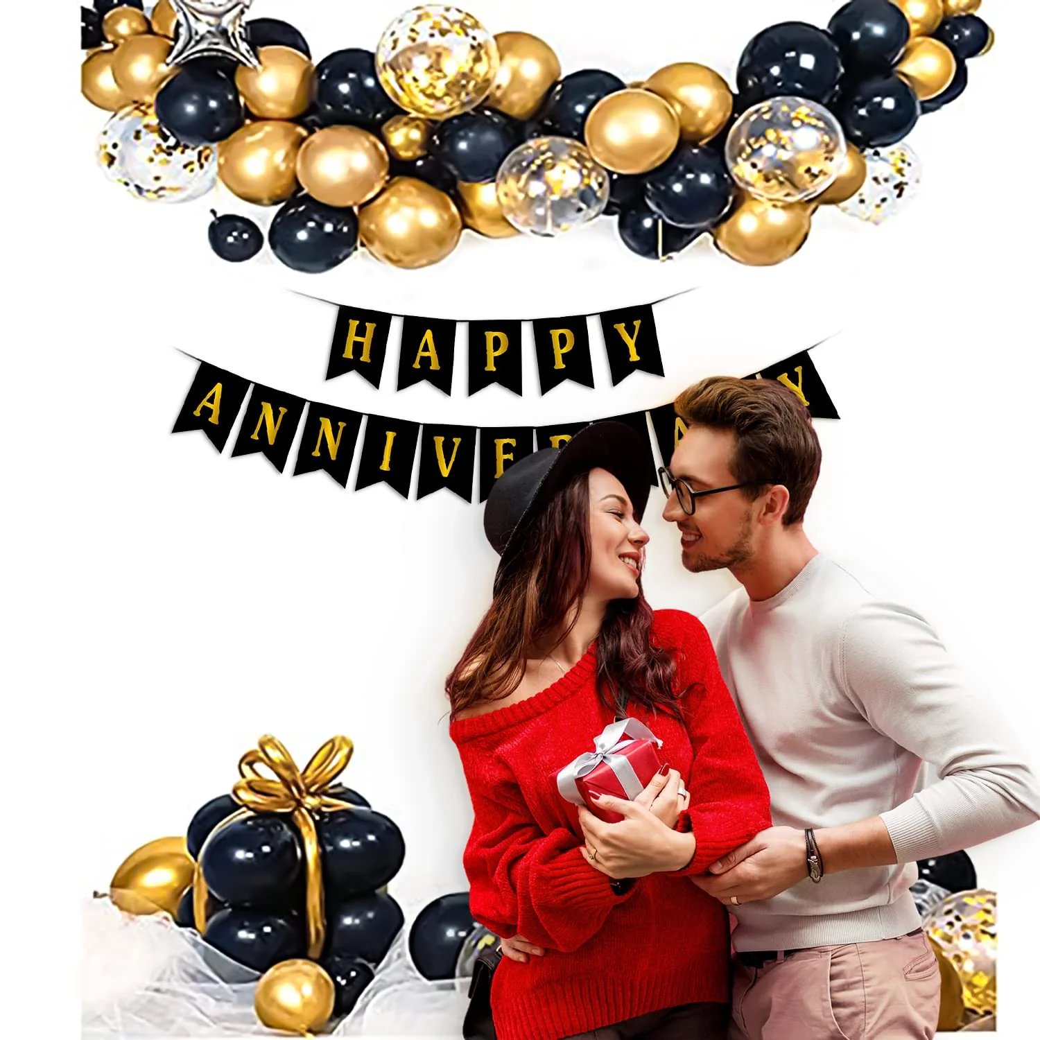 Black and Golden Theme Happy Anniversary Balloon Decoration - Image 3